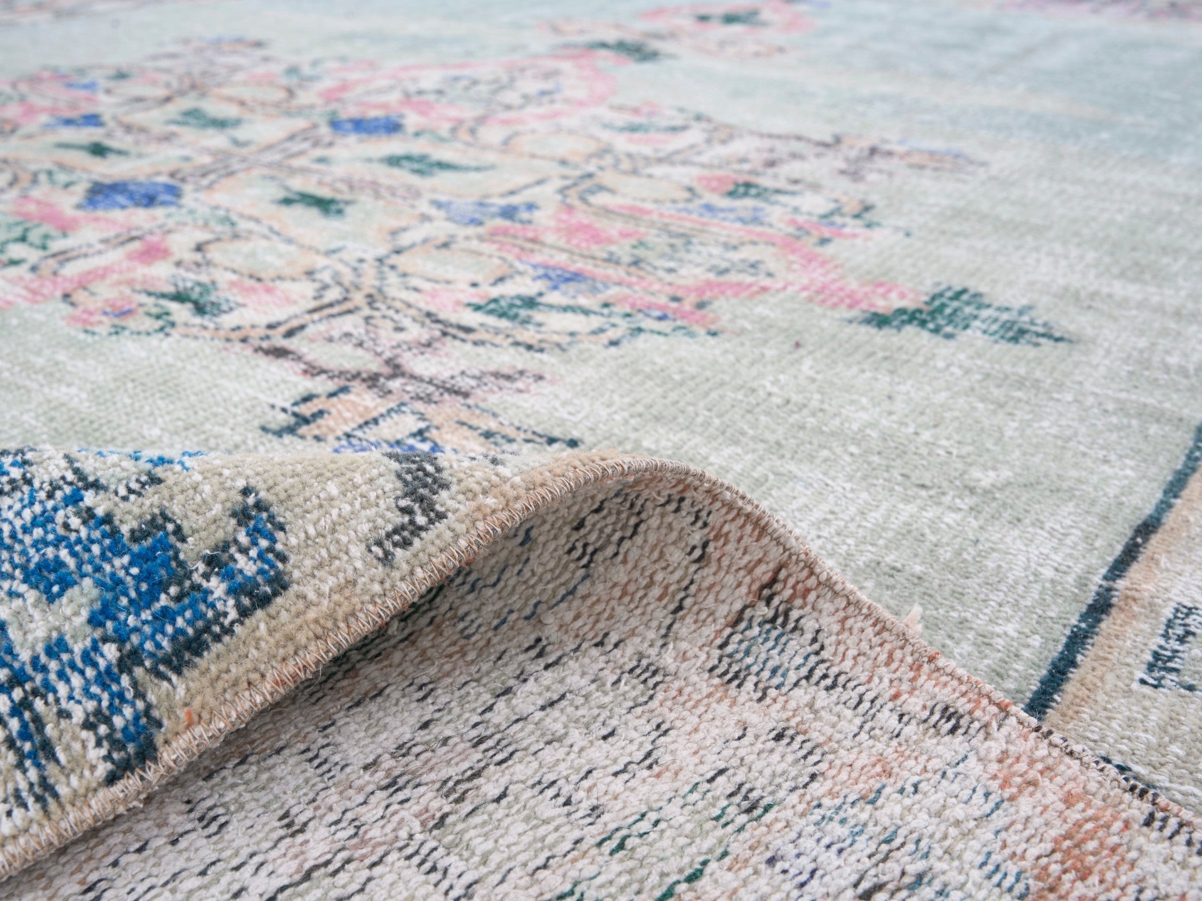 Turkish Manisa area rug in stone and denim, view 9 of 10
