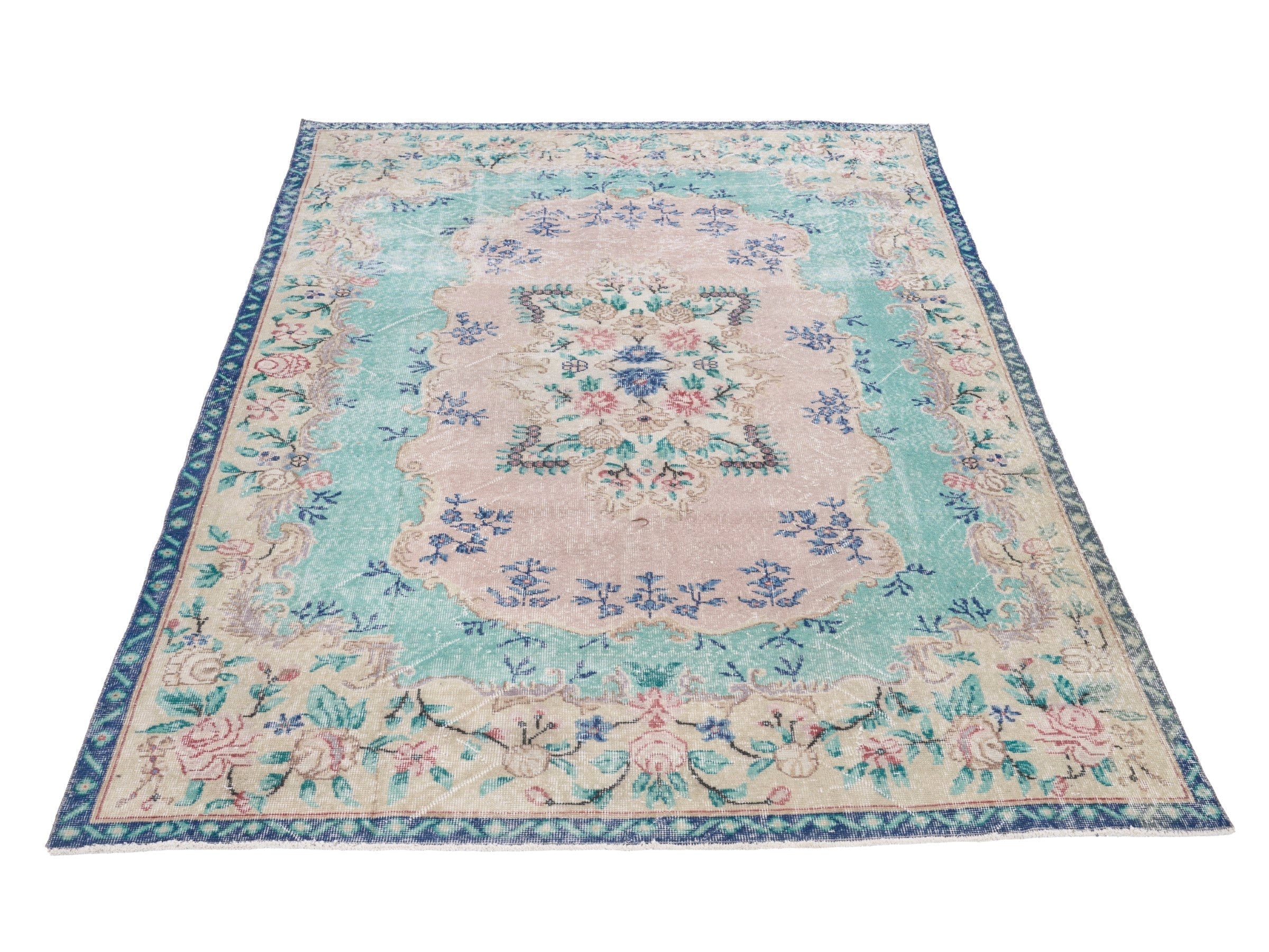 Turkish Isparta area rug in celadon and dusty rose, view 2 of 10