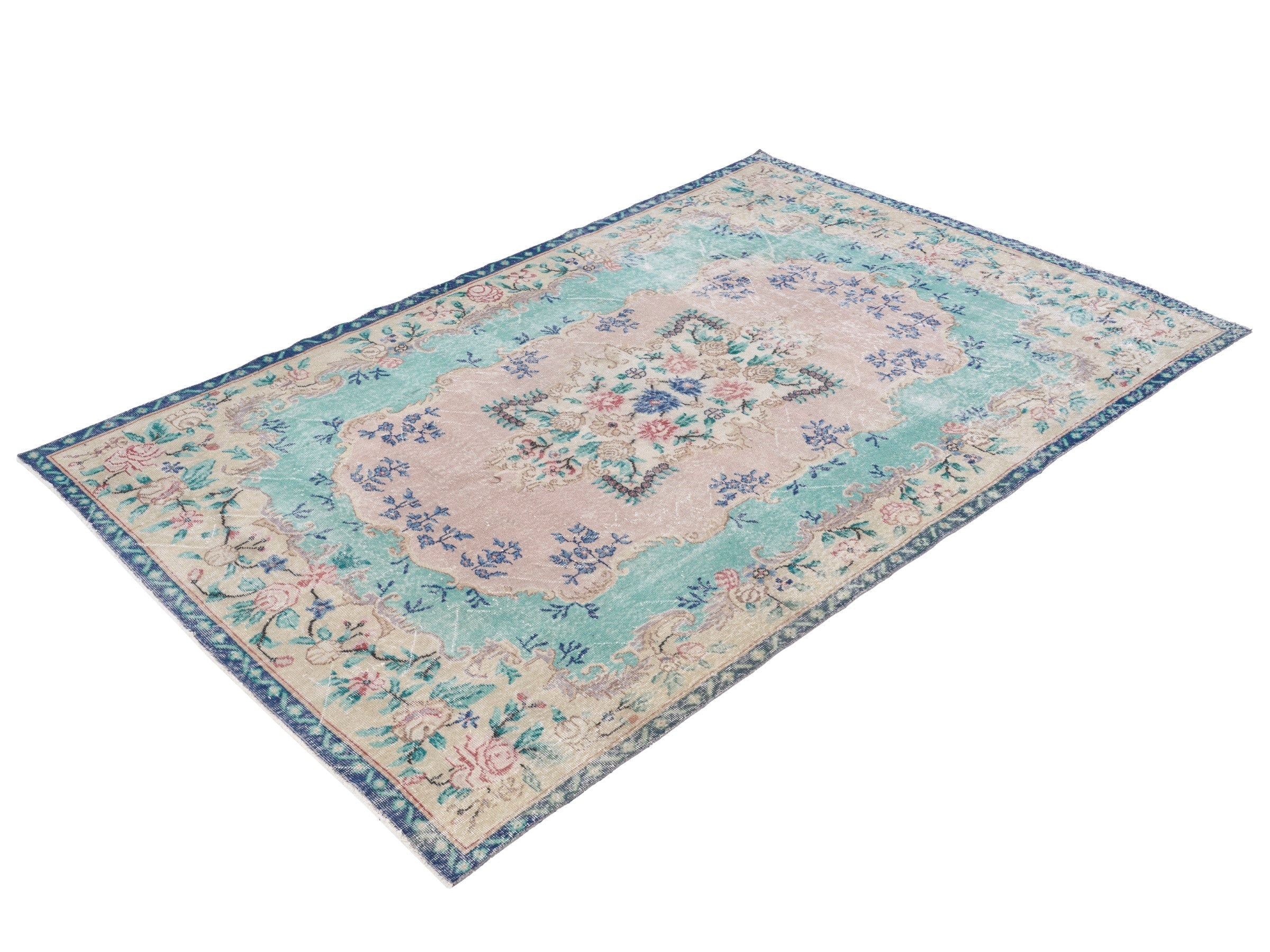 Turkish Isparta area rug in celadon and dusty rose, view 3 of 10