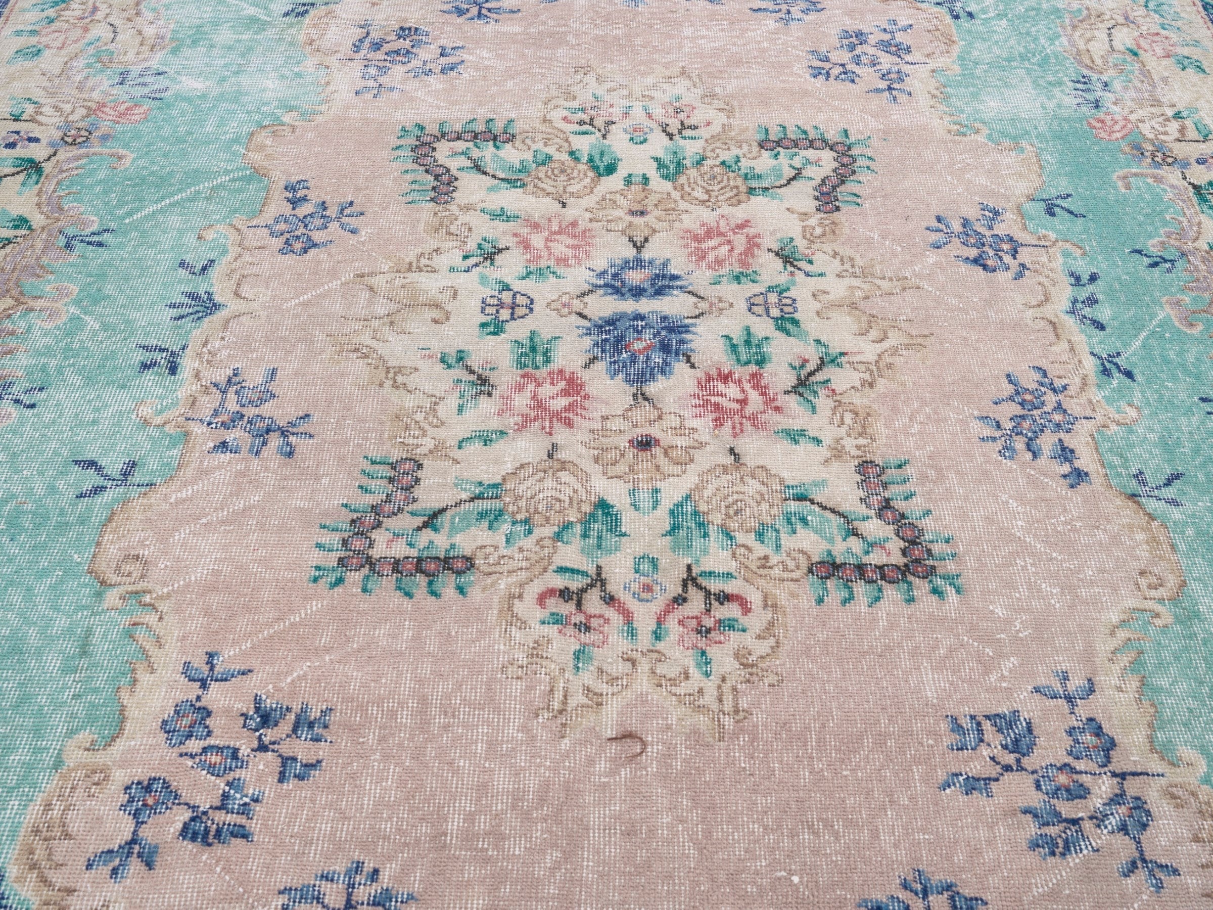 Turkish Isparta area rug in celadon and dusty rose, view 4 of 10
