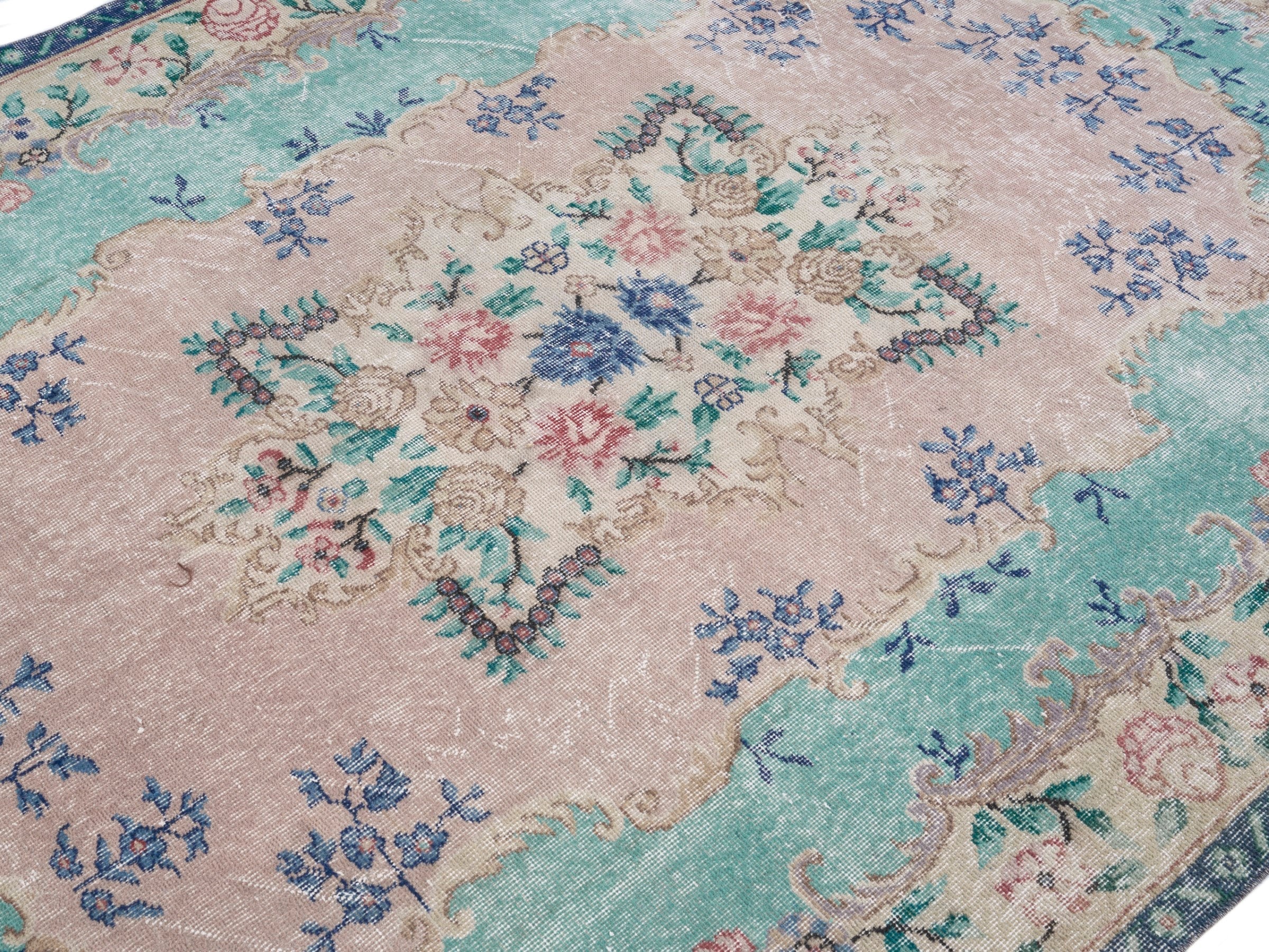 Turkish Isparta area rug in celadon and dusty rose, view 5 of 10