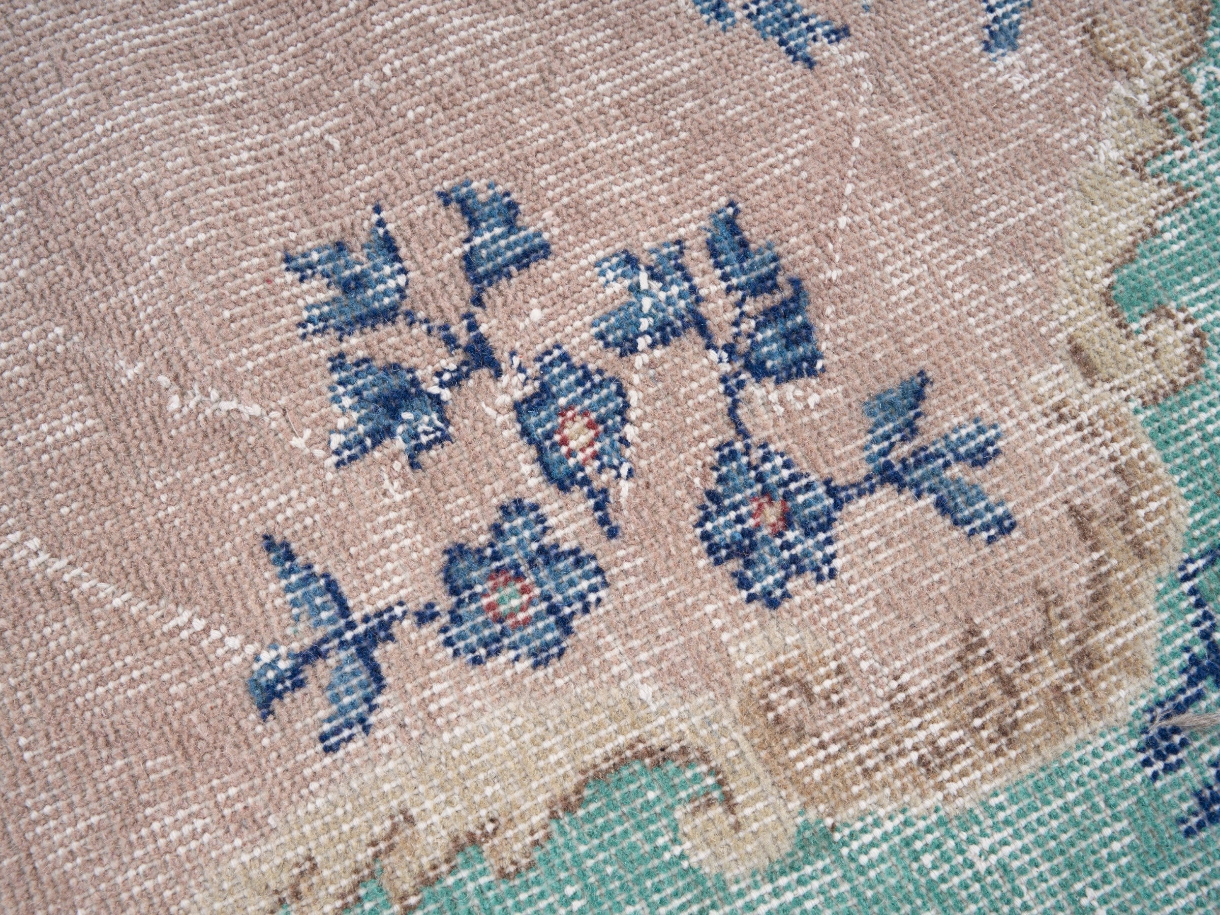 Turkish Isparta area rug in celadon and dusty rose, view 7 of 10
