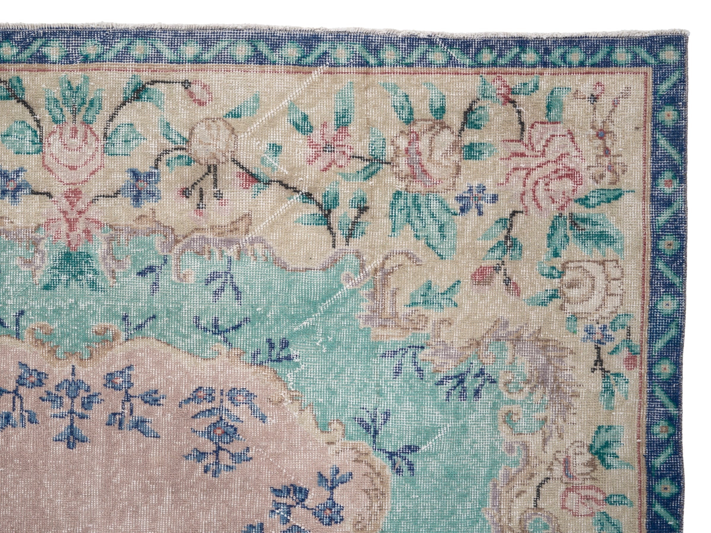 Turkish Isparta area rug in celadon and dusty rose, view 8 of 10