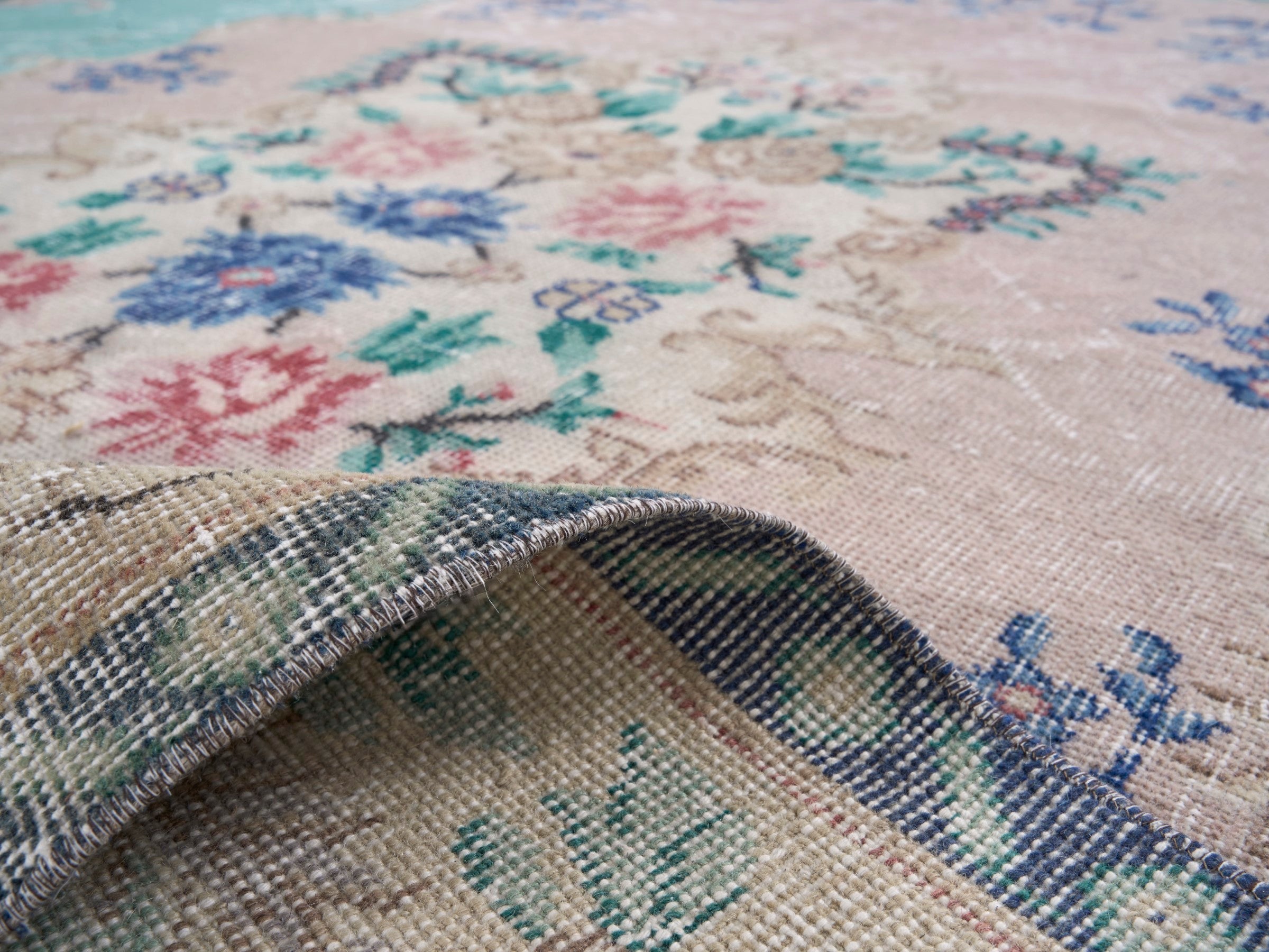 Turkish Isparta area rug in celadon and dusty rose, view 9 of 10