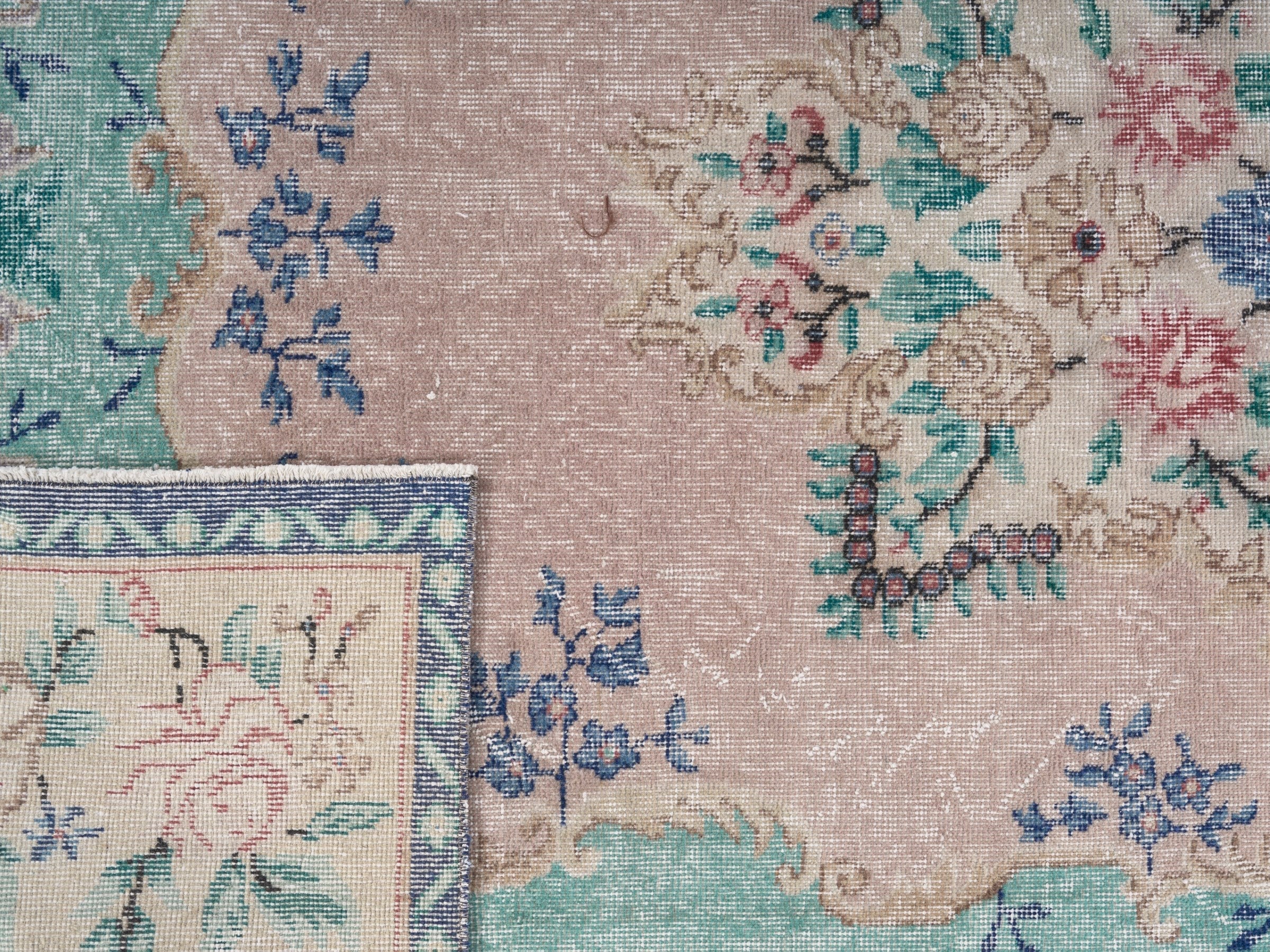 Turkish Isparta area rug in celadon and dusty rose, view 10 of 10