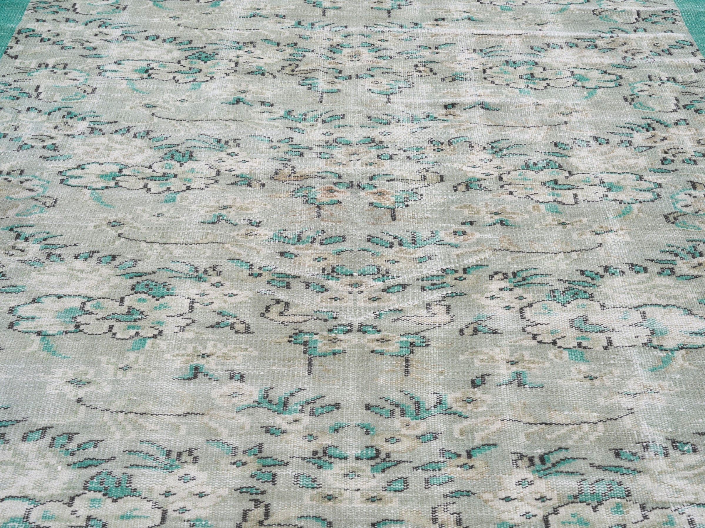 Turkish Manisa area rug in cream and turquoise, view 4 of 10