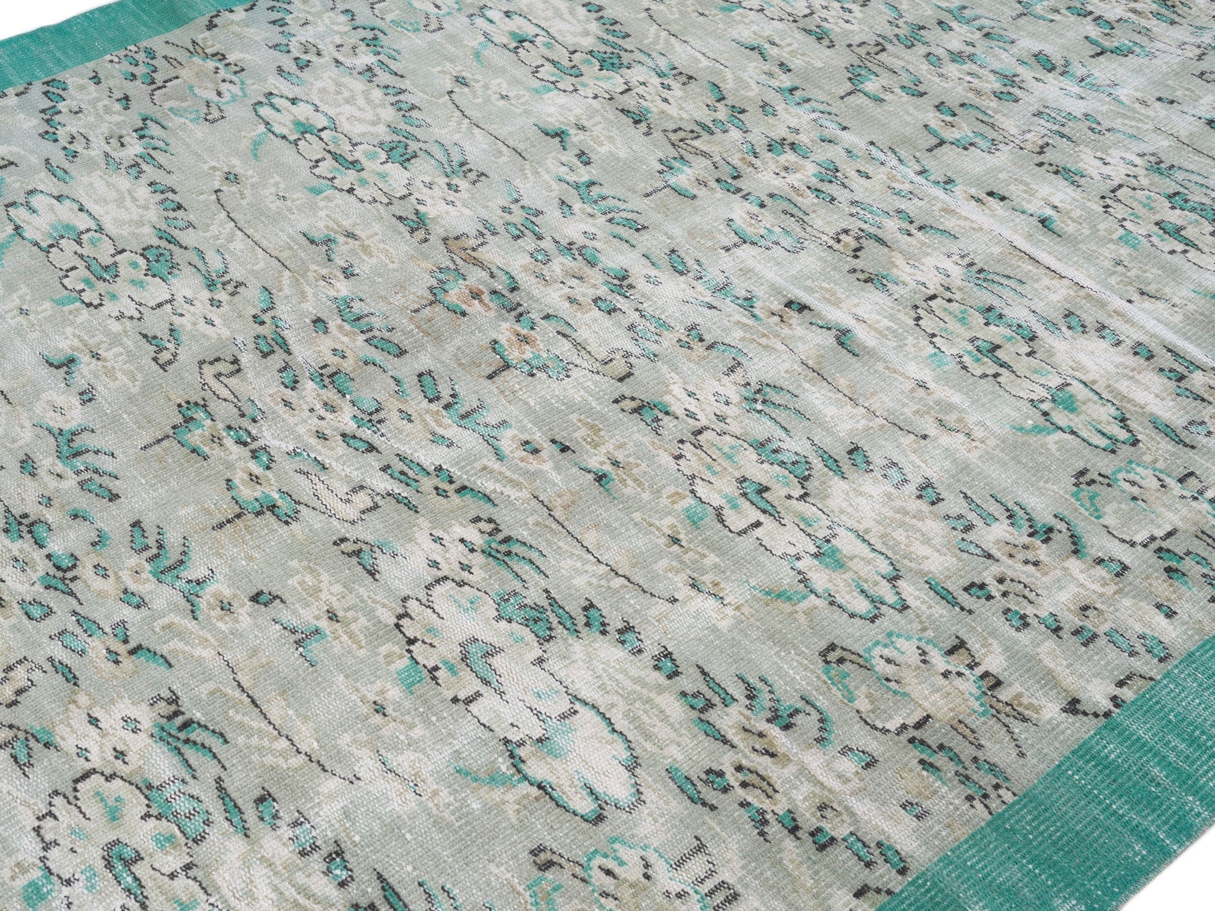 Turkish Manisa area rug in cream and turquoise, view 5 of 10