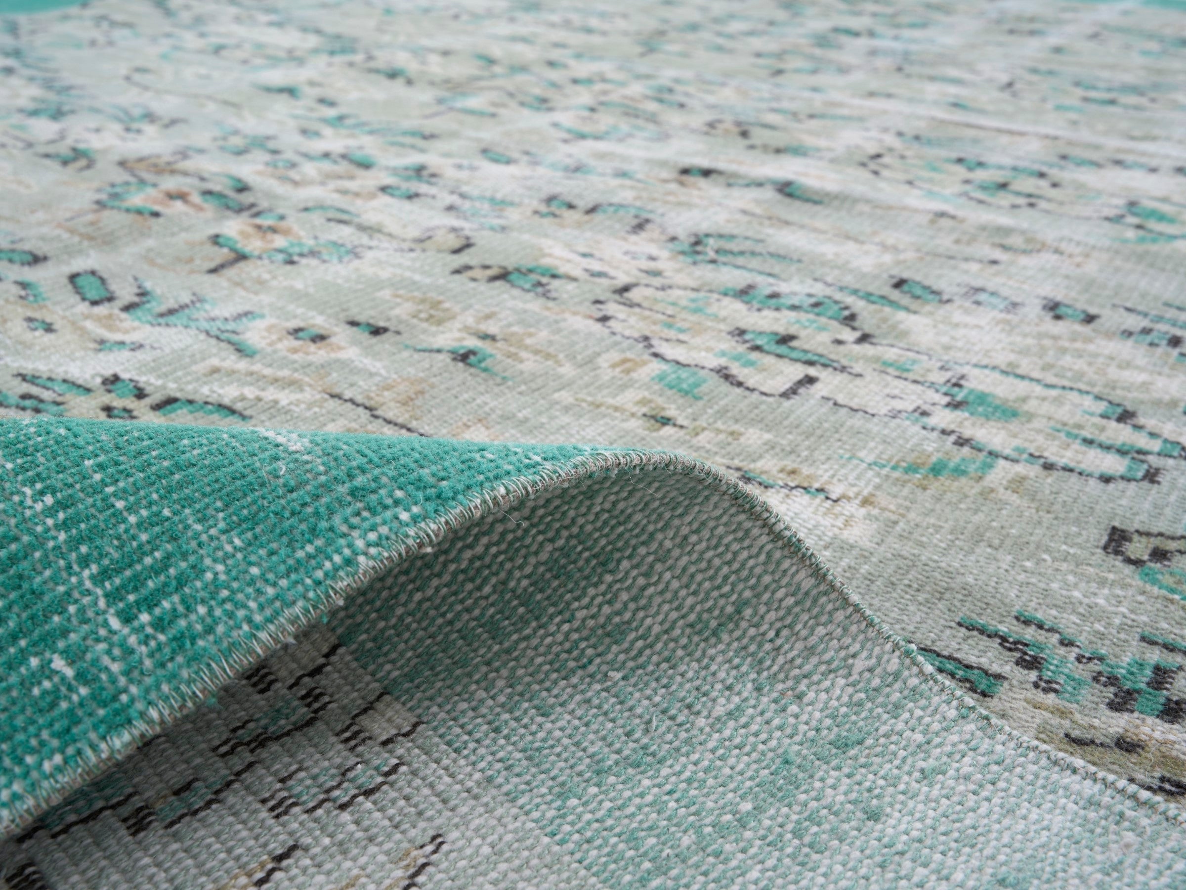 Turkish Manisa area rug in cream and turquoise, view 9 of 10