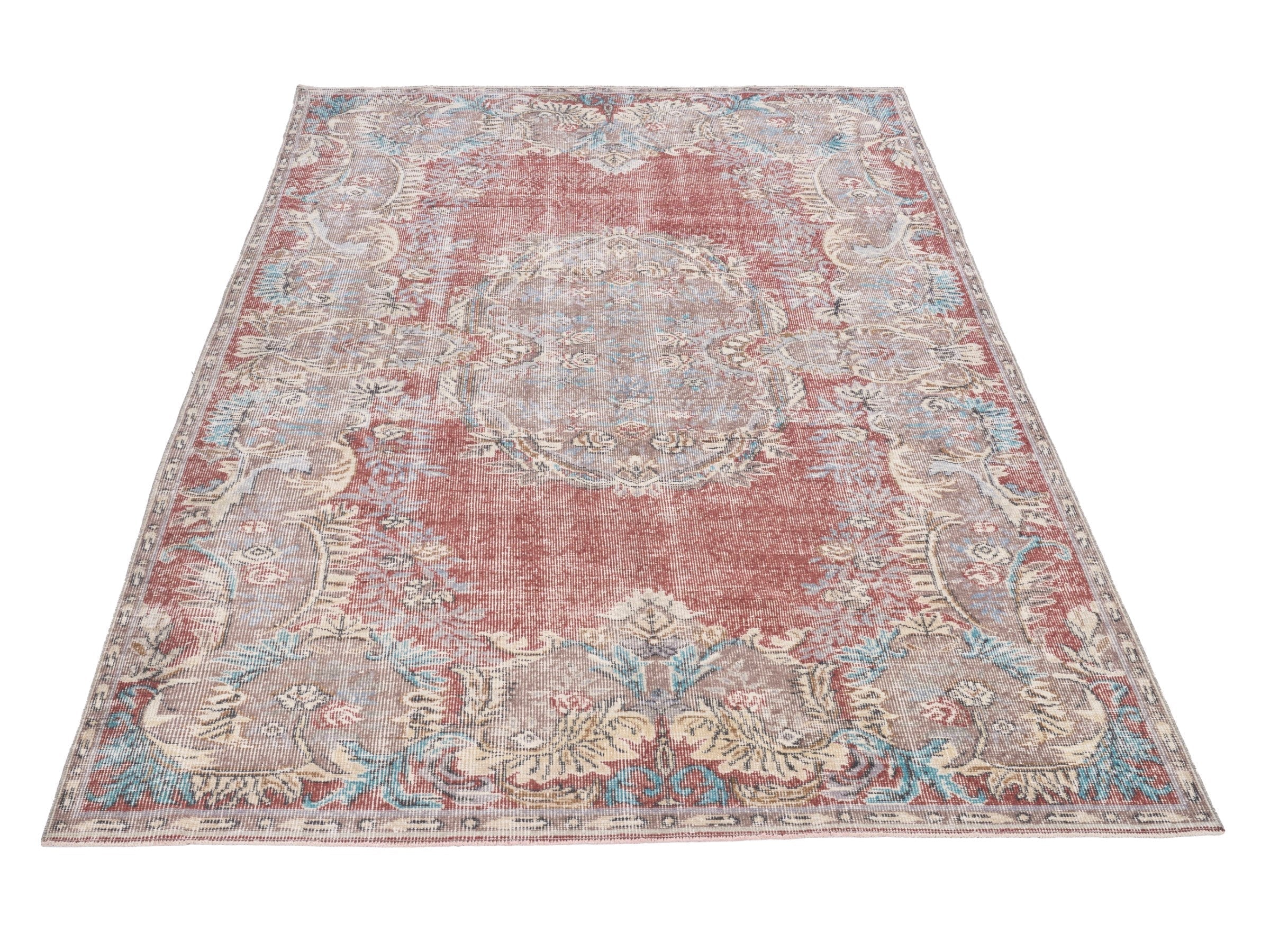 Turkish Isparta area rug in faded red and muted pink, view 2 of 10