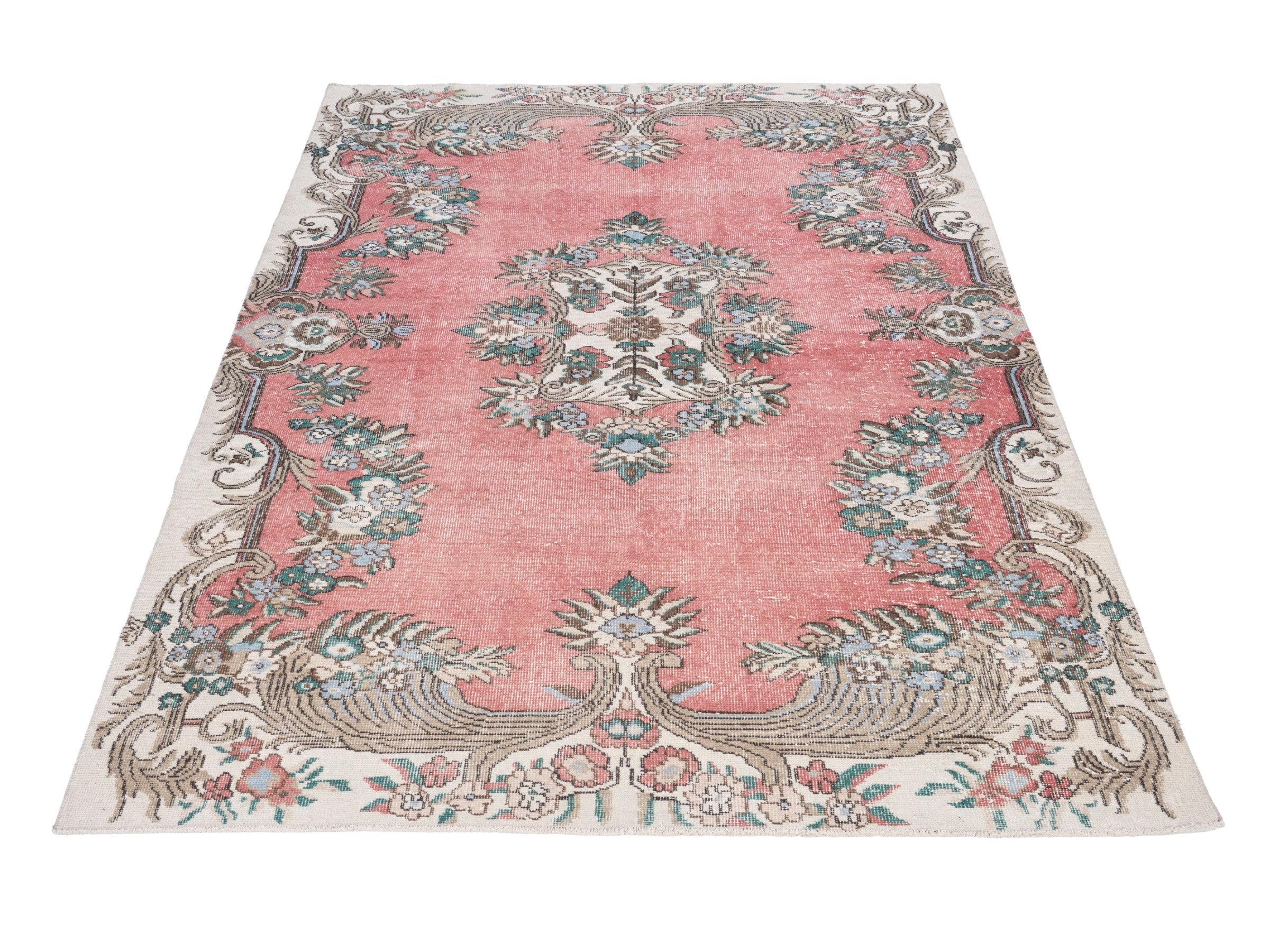 Turkish Isparta area rug in rose and cream, view 2 of 10