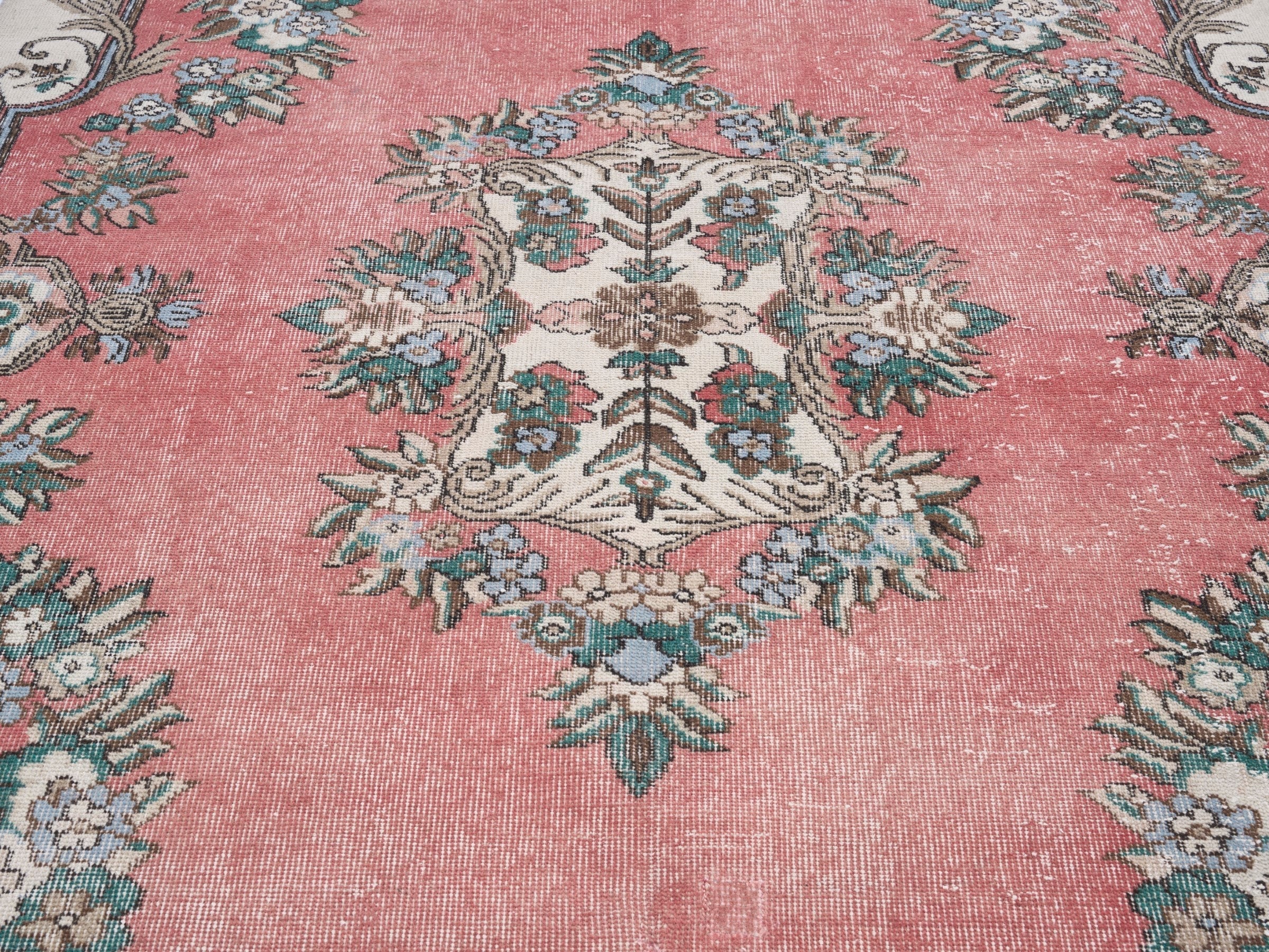 Turkish Isparta area rug in rose and cream, view 4 of 10