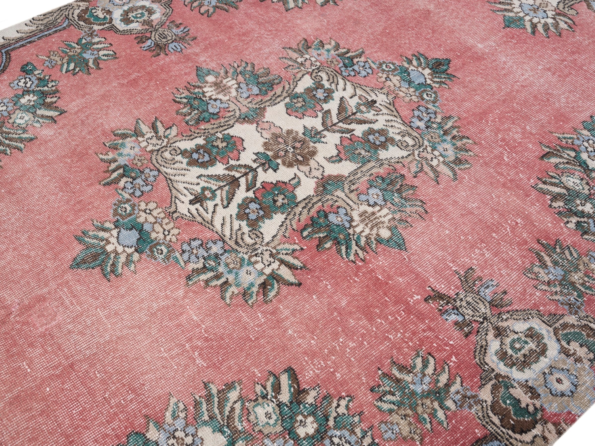 Turkish Isparta area rug in rose and cream, view 5 of 10