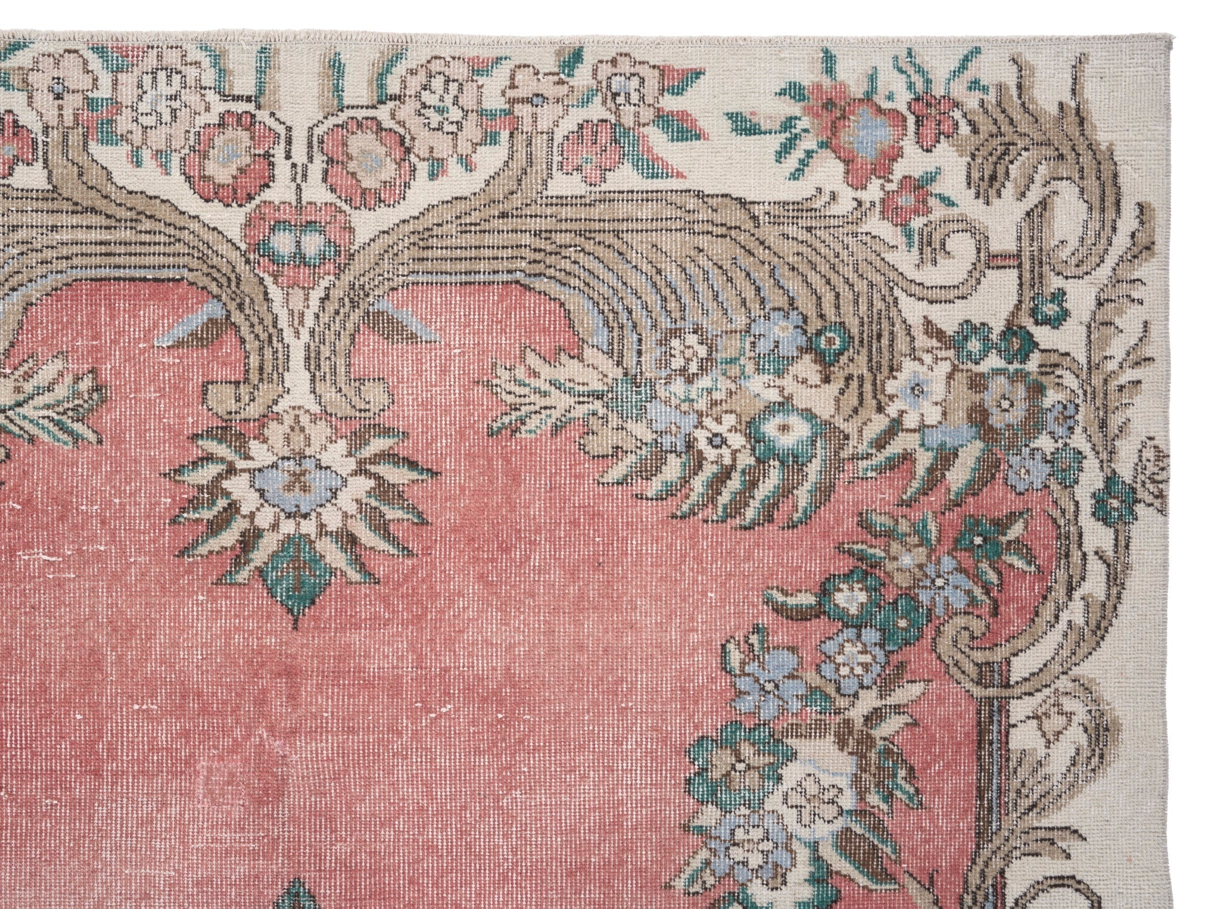 Turkish Isparta area rug in rose and cream, view 8 of 10