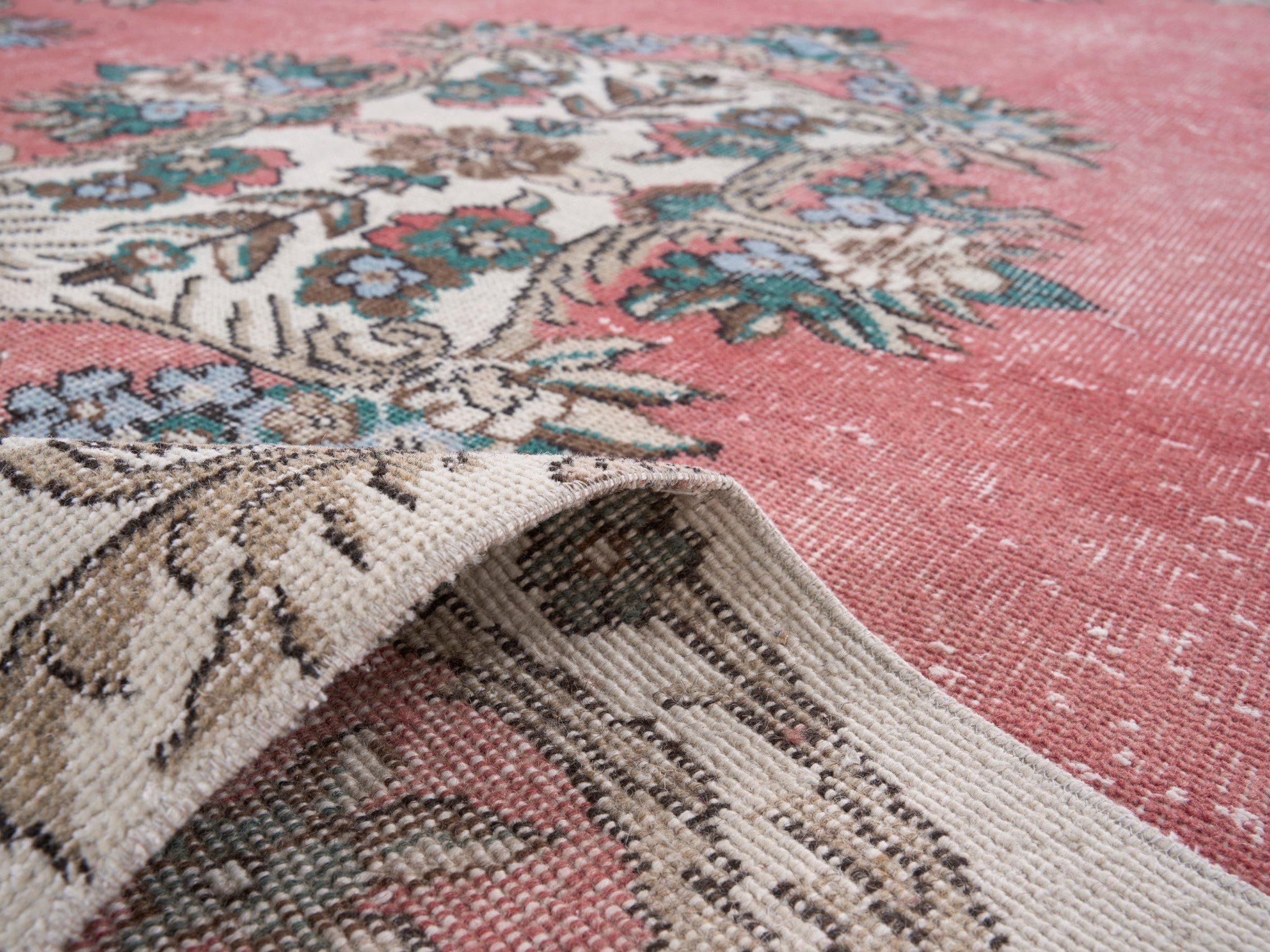 Turkish Isparta area rug in rose and cream, view 9 of 10
