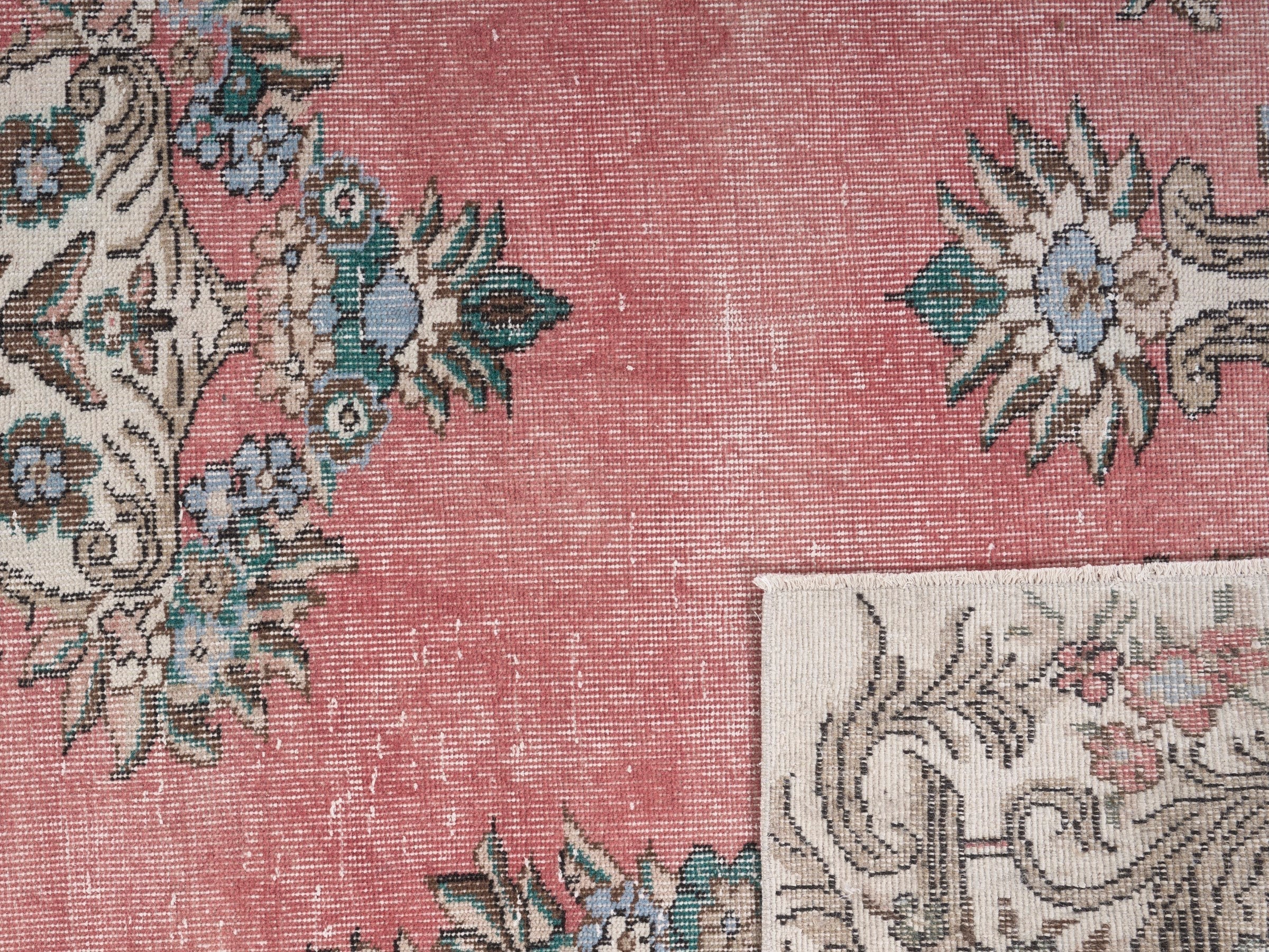 Turkish Isparta area rug in rose and cream, view 10 of 10