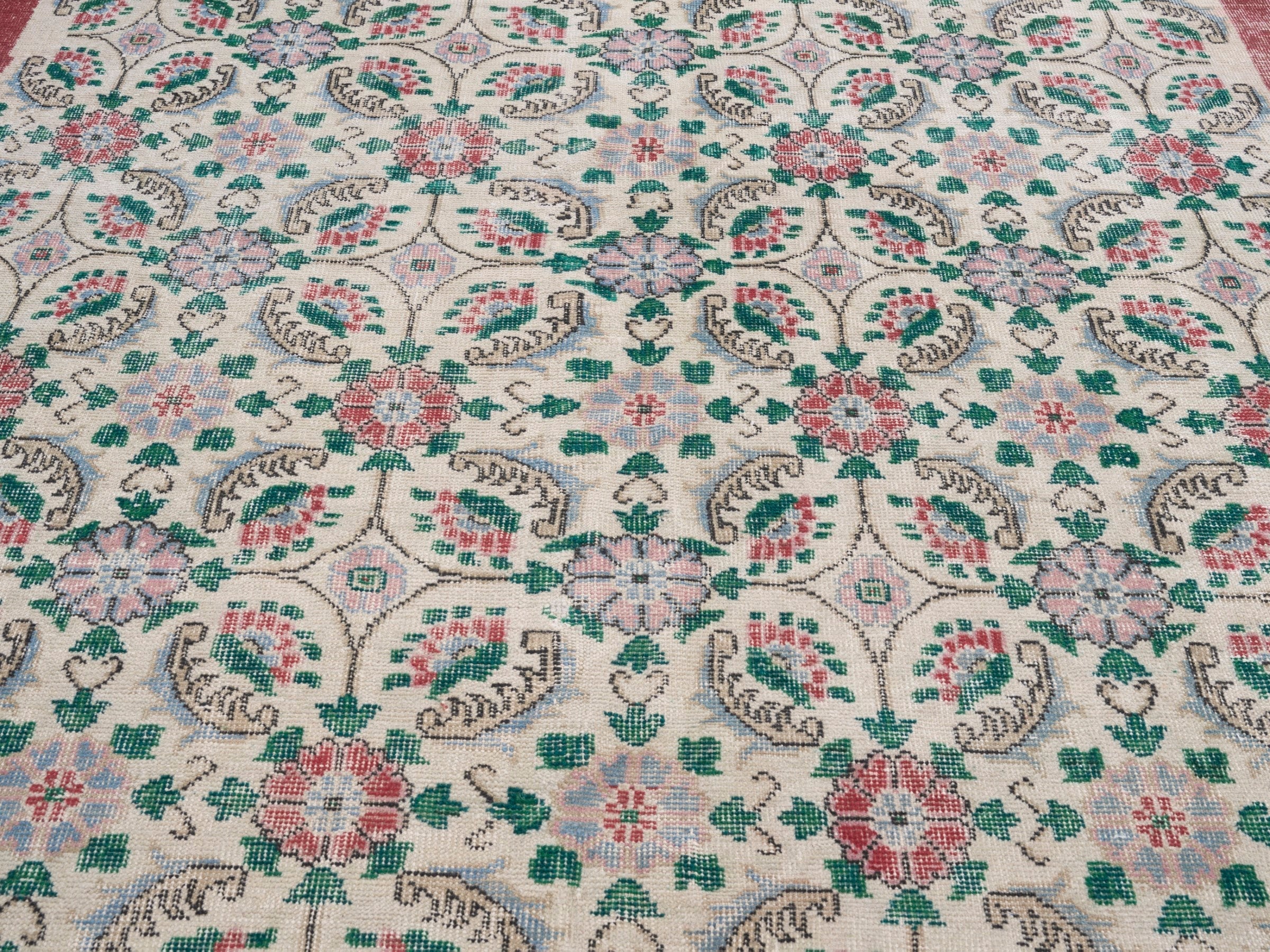 Turkish Isparta area rug in cream and teal, view 4 of 10