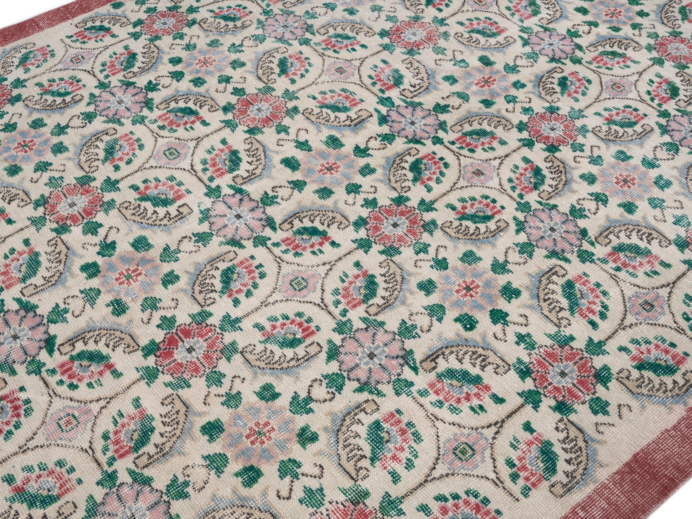 Turkish Isparta area rug in cream and teal, view 5 of 10