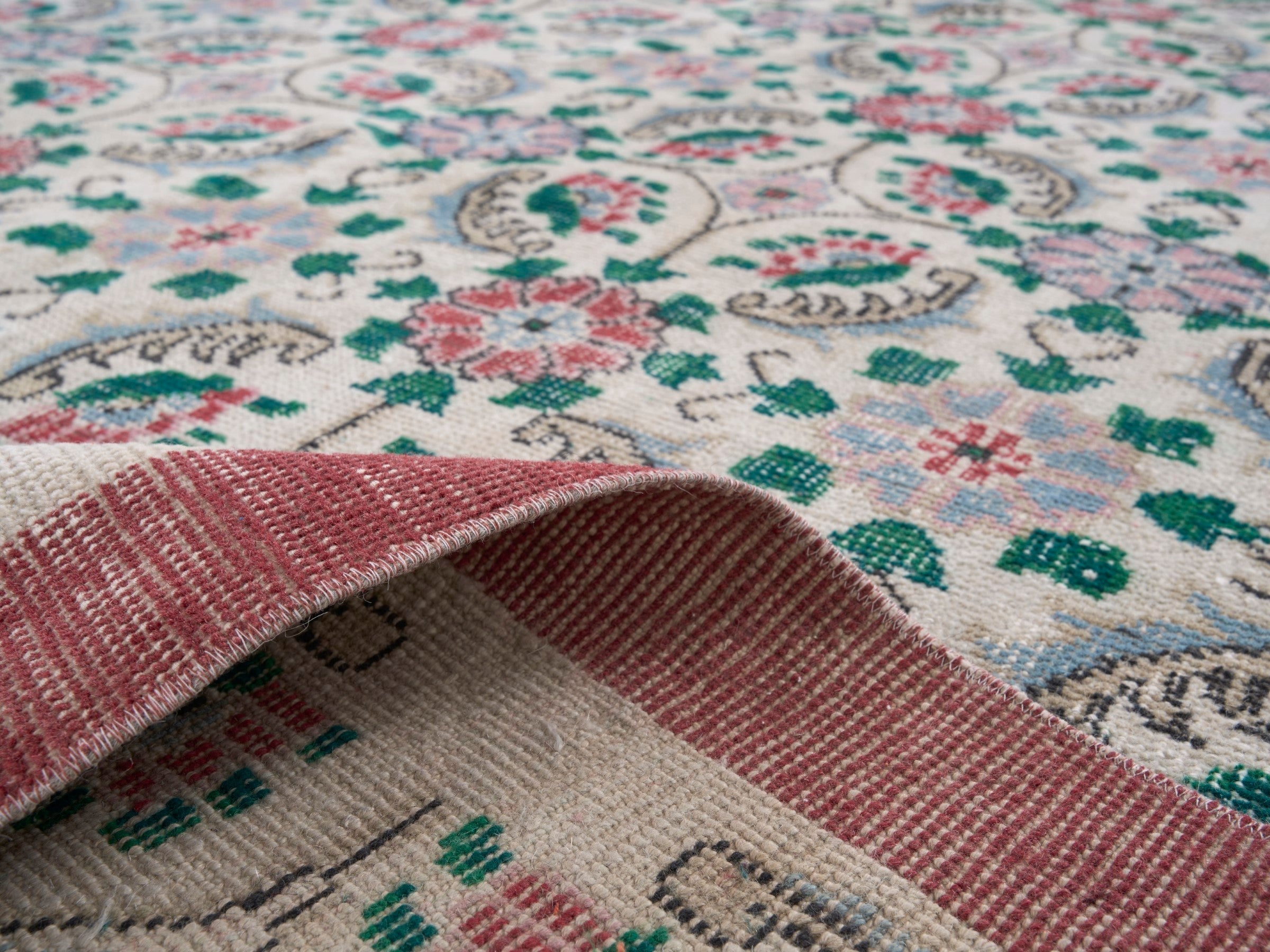 Turkish Isparta area rug in cream and teal, view 9 of 10