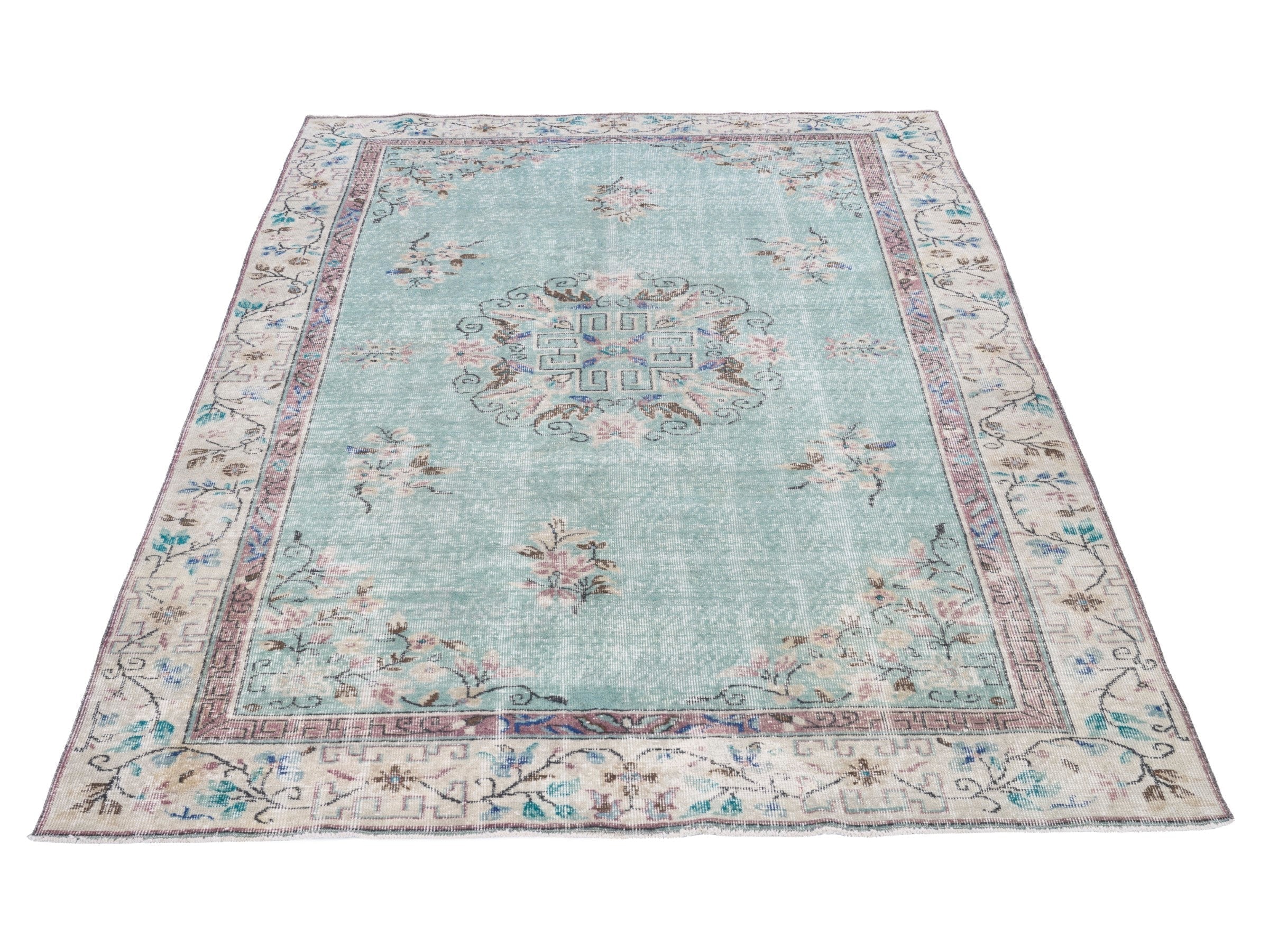 Turkish Isparta area rug in celadon and cream, view 2 of 10