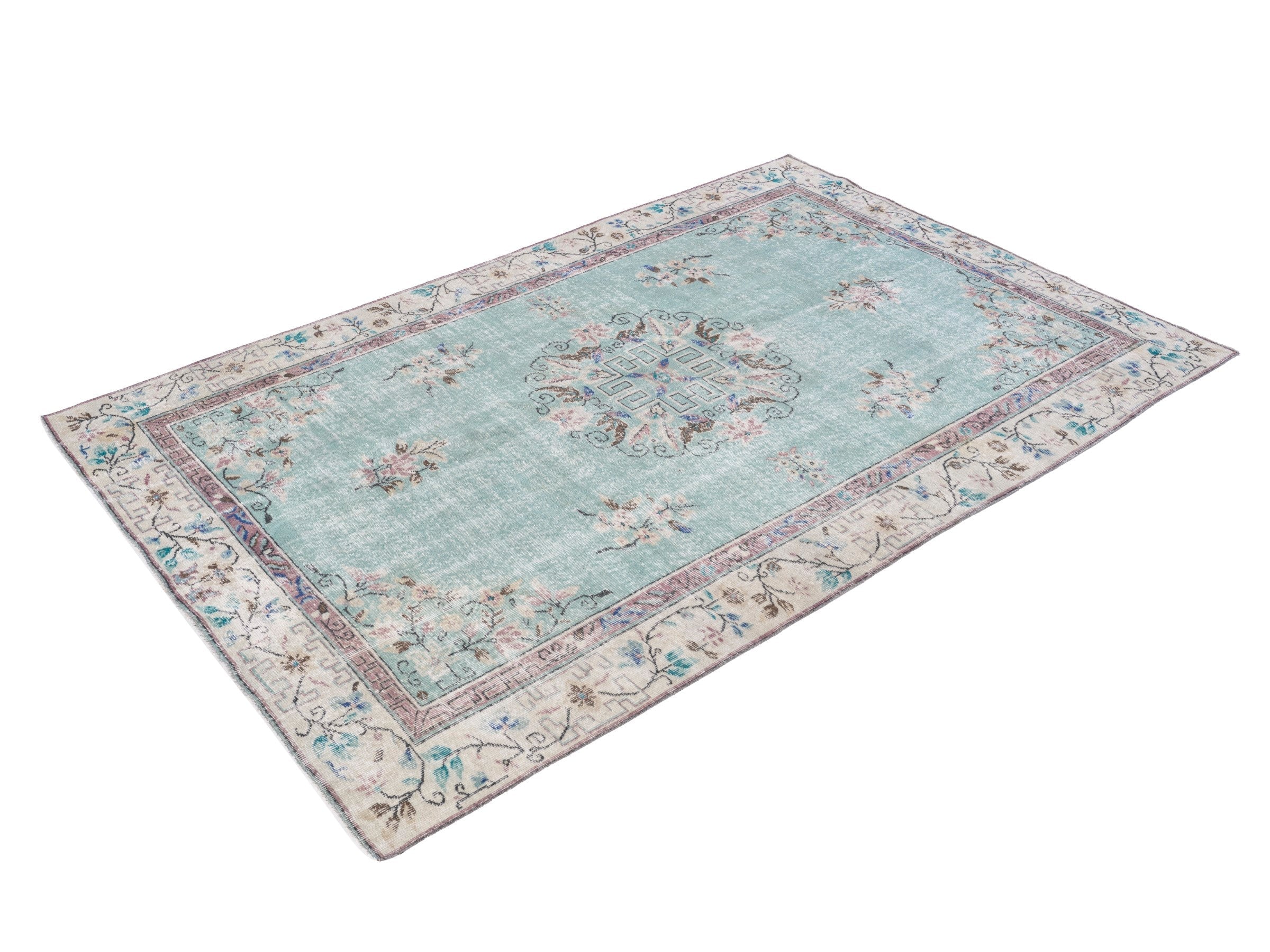 Turkish Isparta area rug in celadon and cream, view 3 of 10