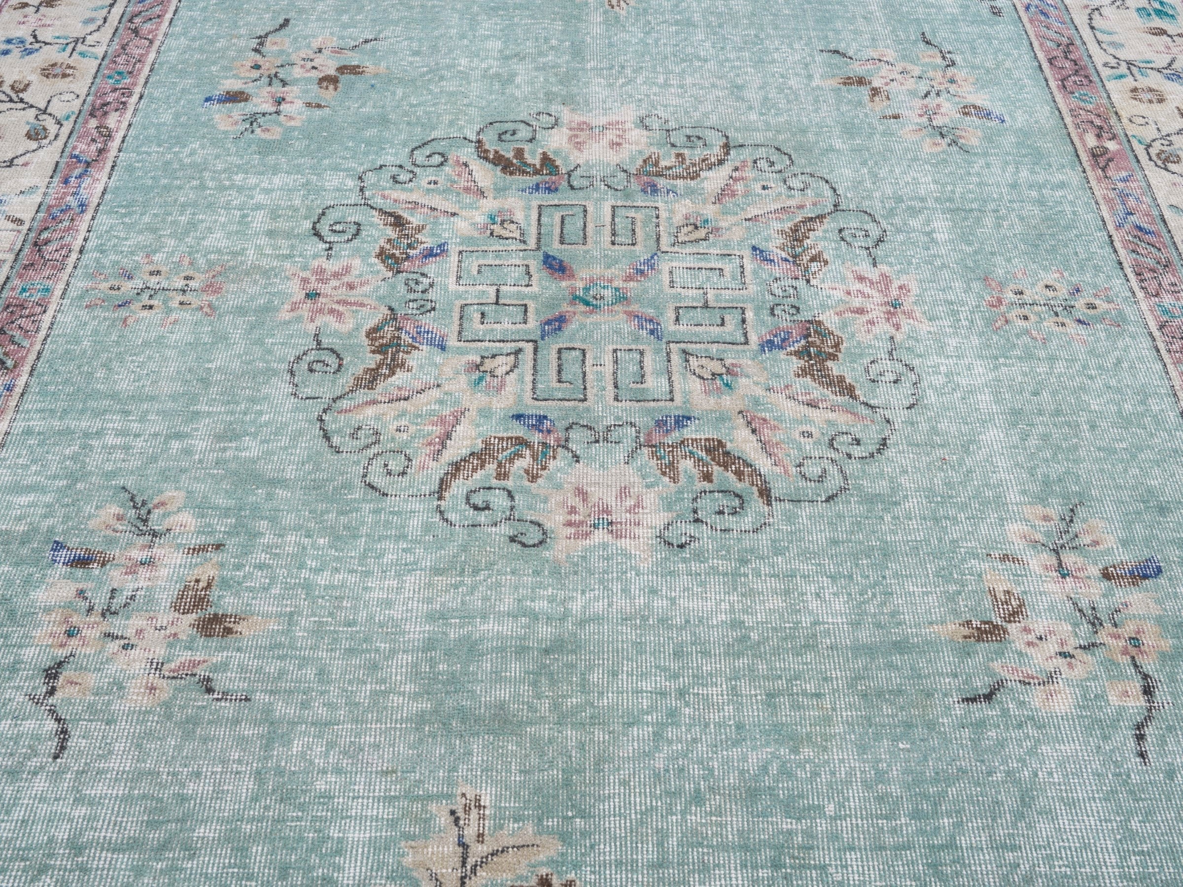 Turkish Isparta area rug in celadon and cream, view 4 of 10