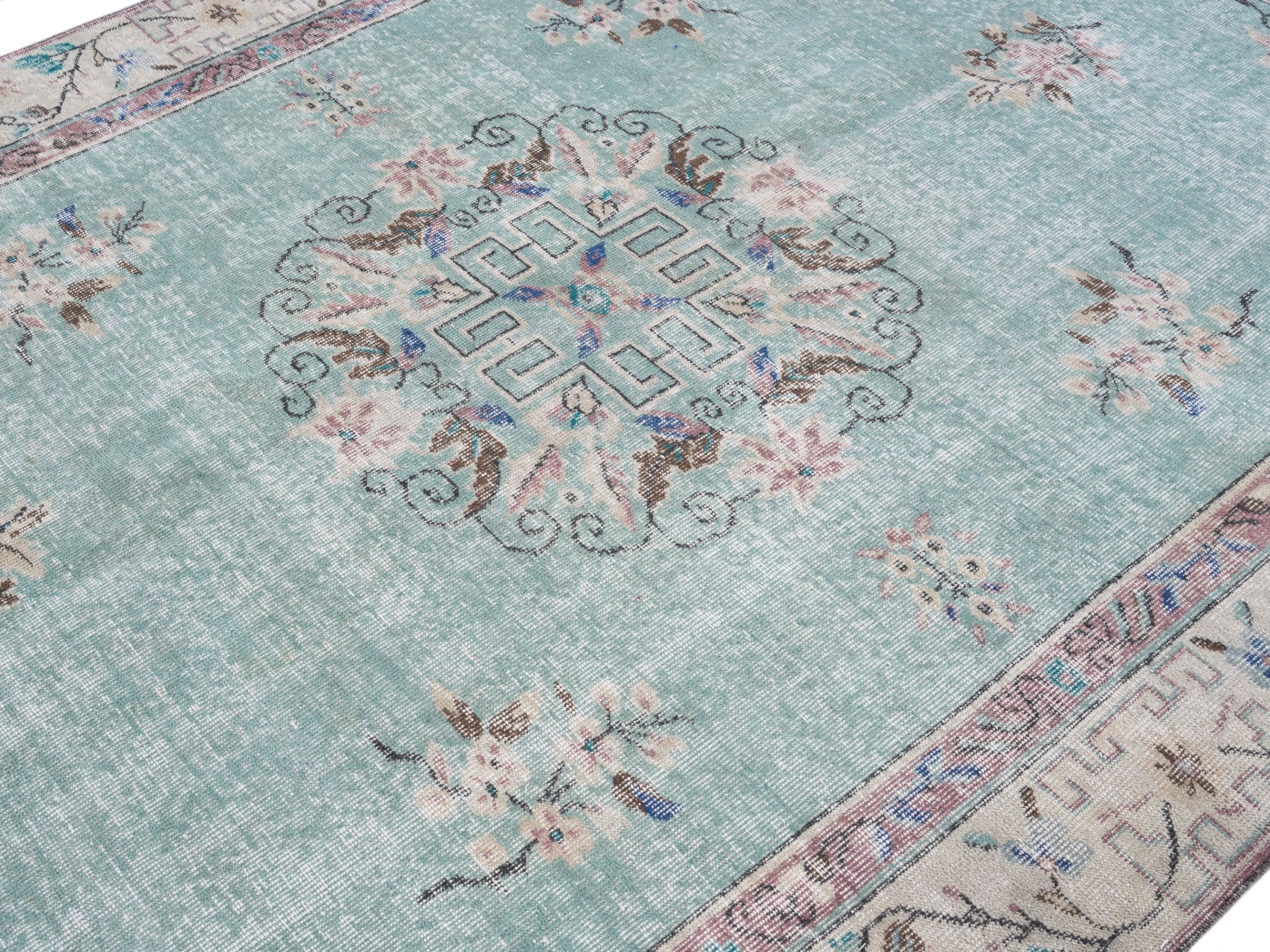 Turkish Isparta area rug in celadon and cream, view 5 of 10