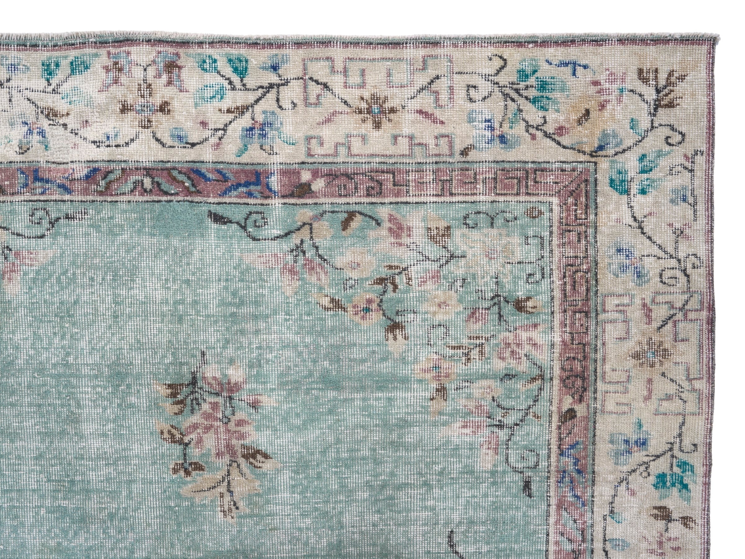 Turkish Isparta area rug in celadon and cream, view 8 of 10
