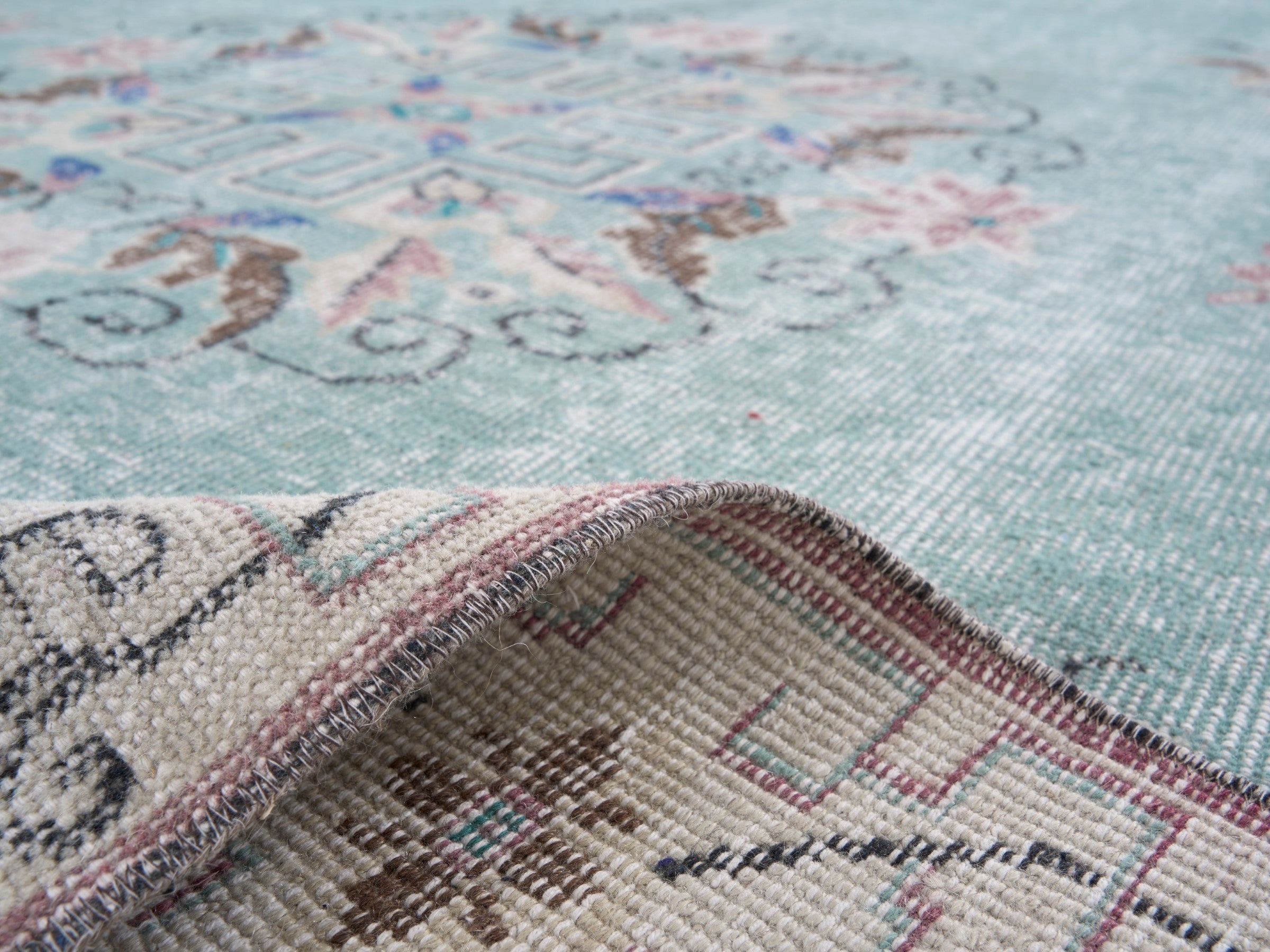 Turkish Isparta area rug in celadon and cream, view 9 of 10