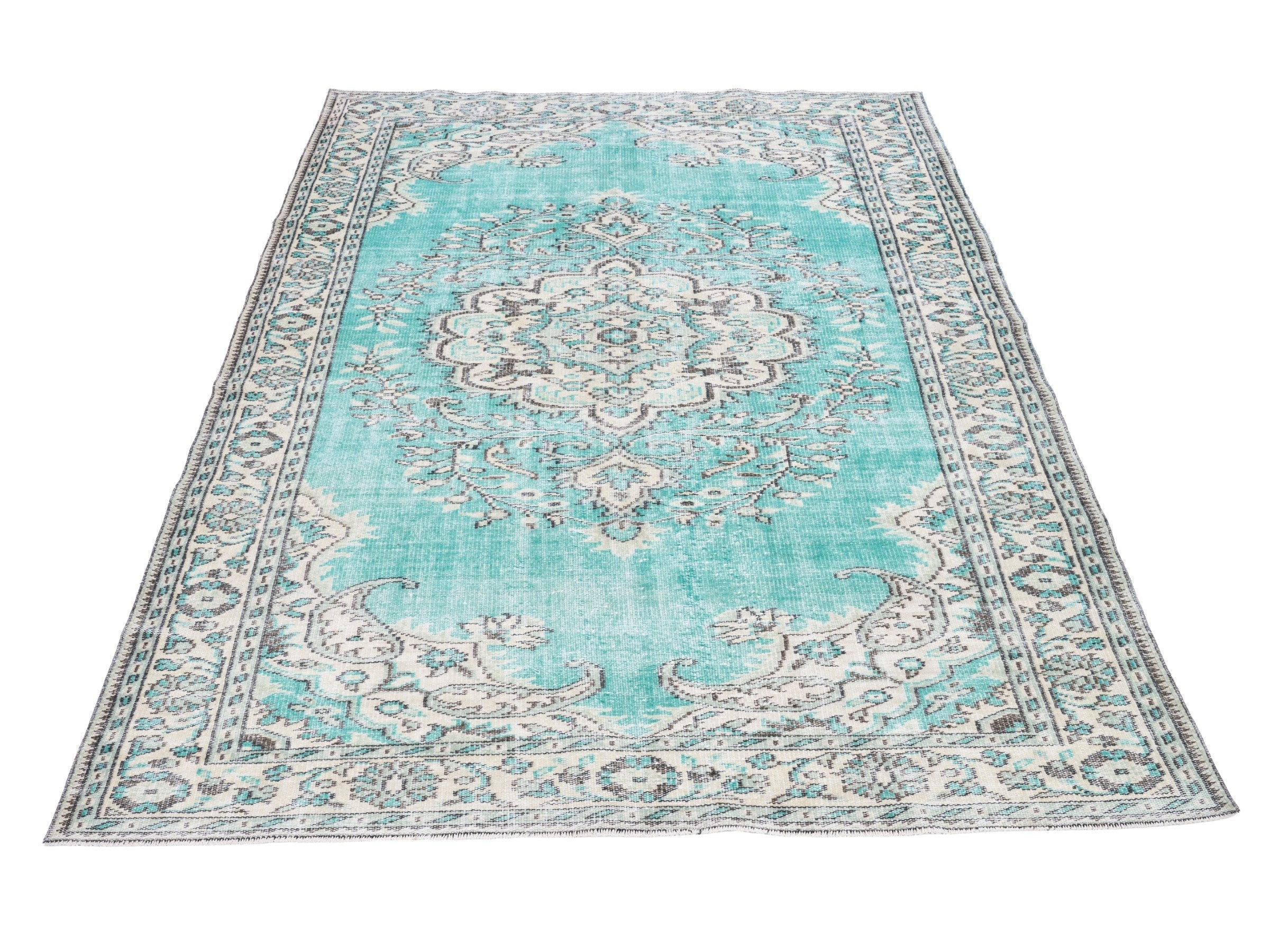 Turkish Manisa area rug in turquoise and cream, view 2 of 10