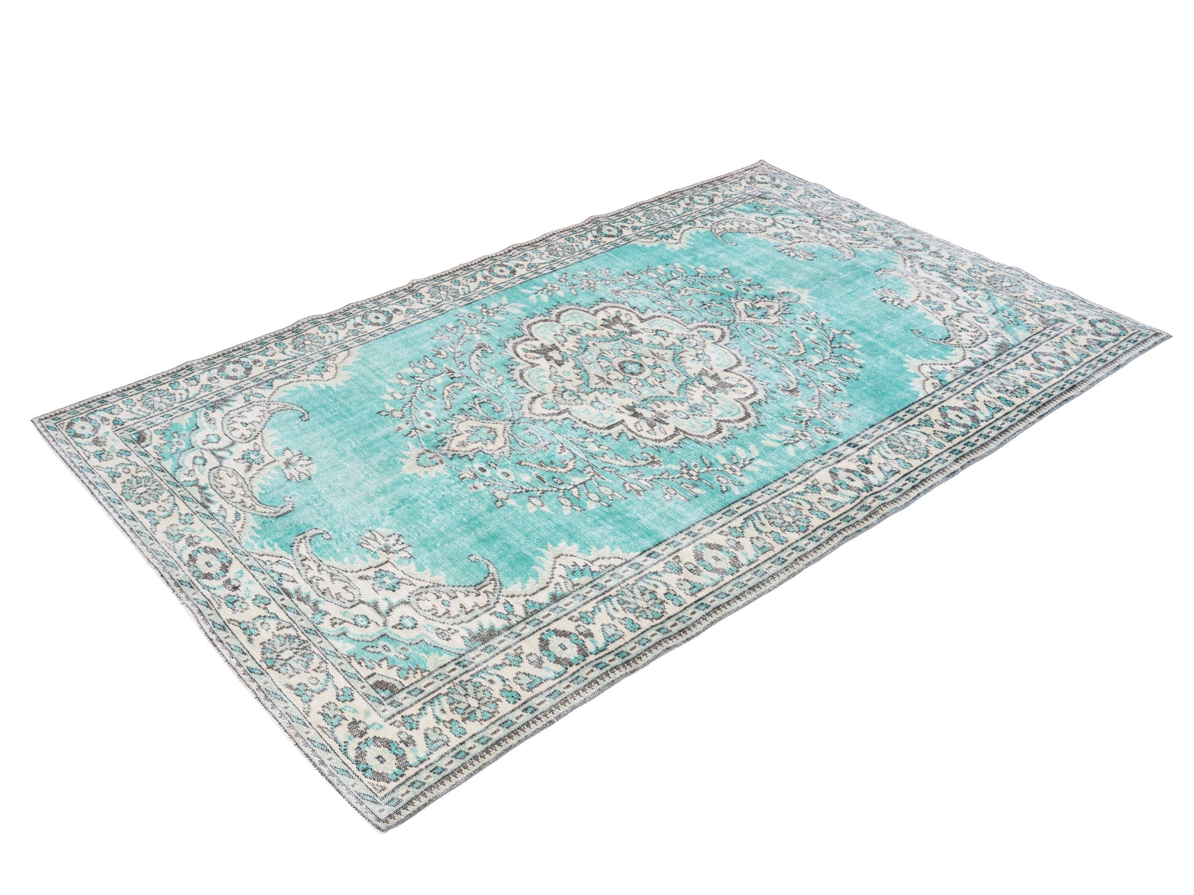 Turkish Manisa area rug in turquoise and cream, view 3 of 10