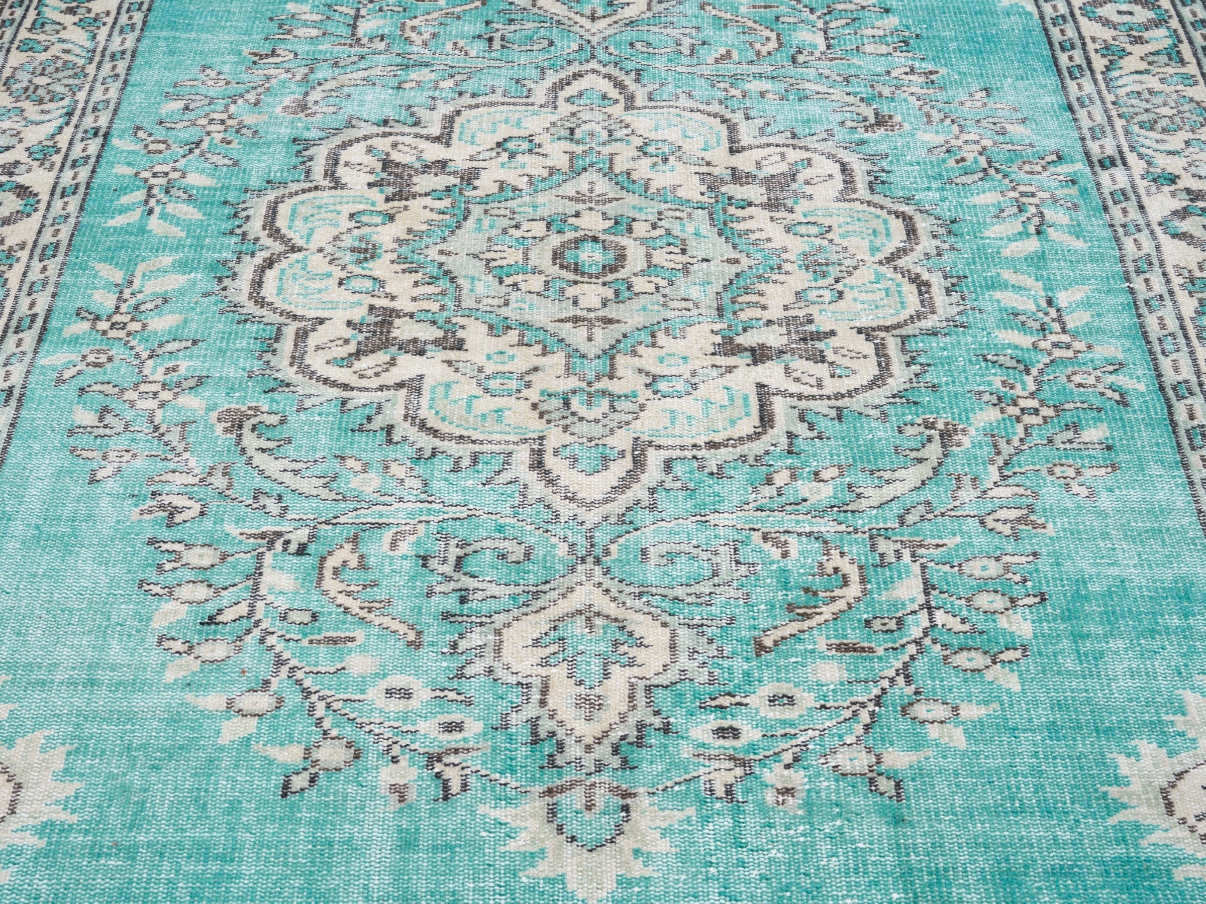 Turkish Manisa area rug in turquoise and cream, view 4 of 10
