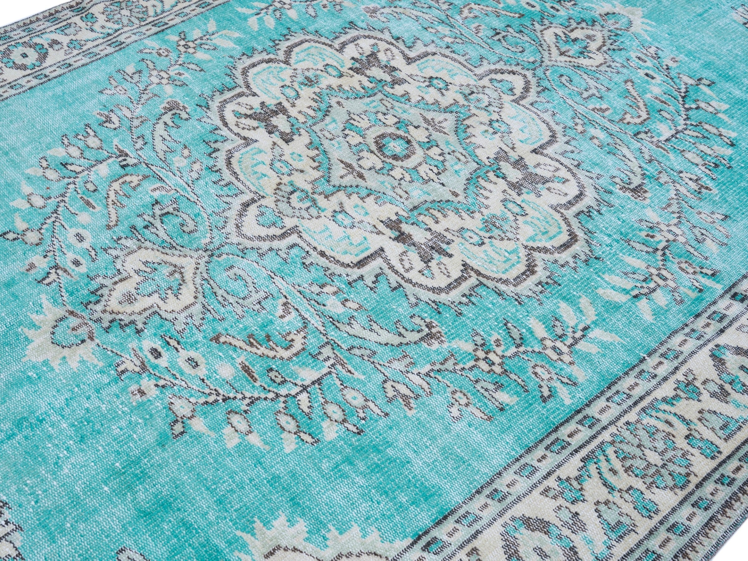 Turkish Manisa area rug in turquoise and cream, view 5 of 10