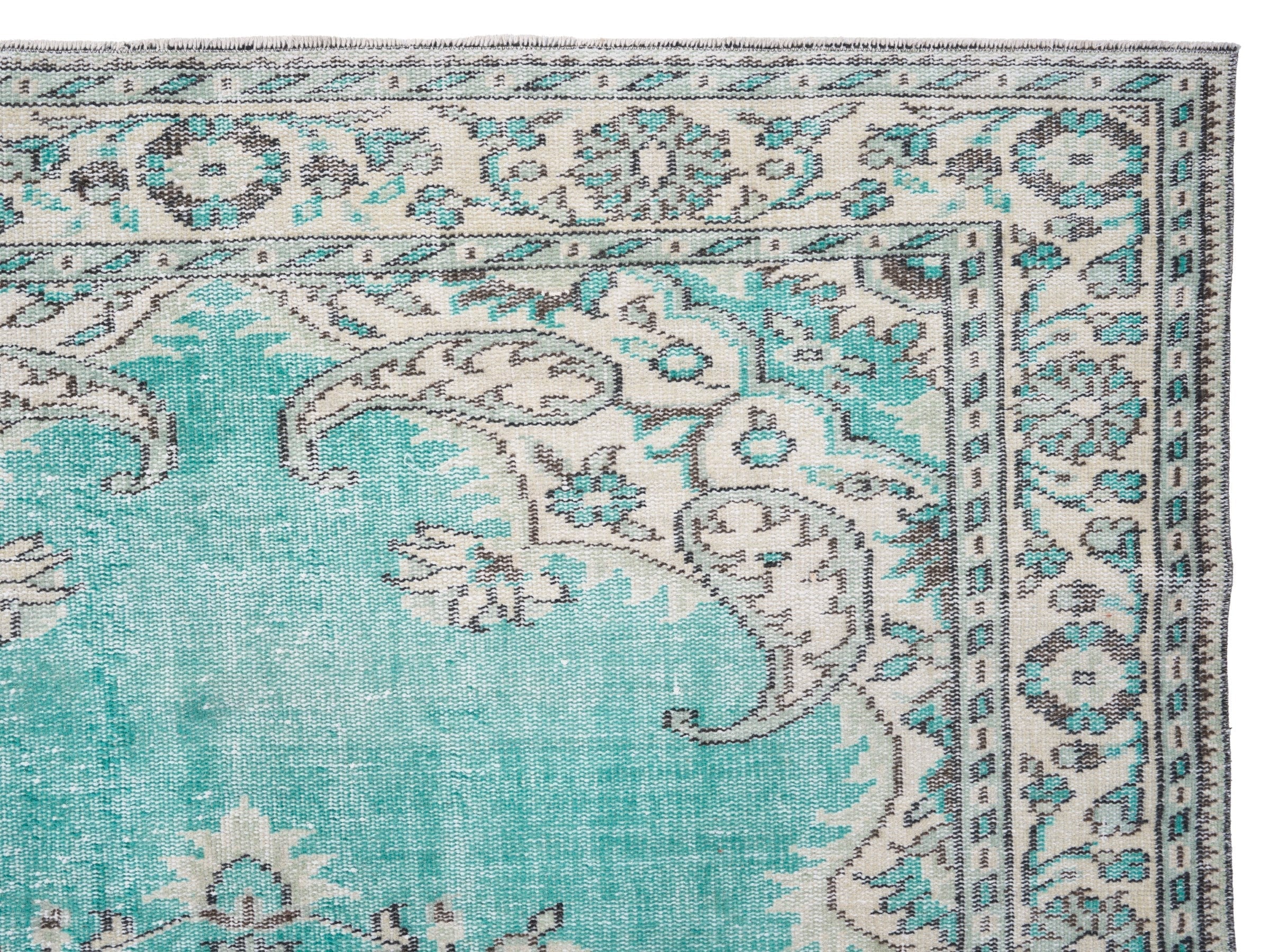 Turkish Manisa area rug in turquoise and cream, view 8 of 10
