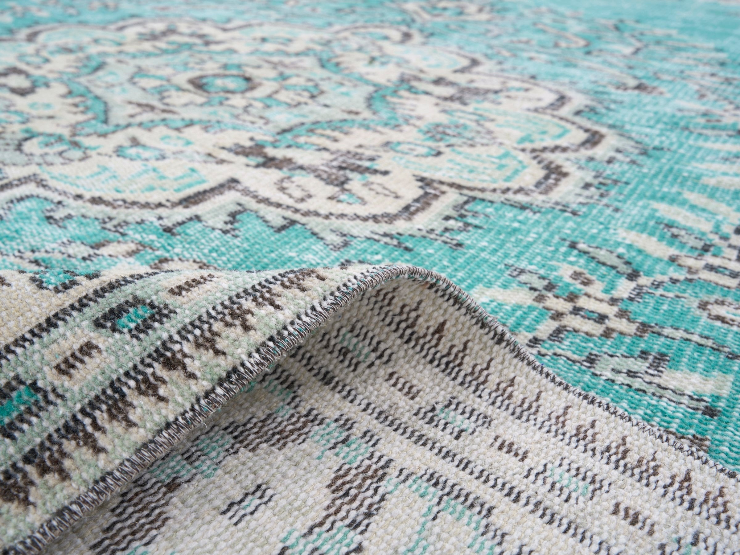 Turkish Manisa area rug in turquoise and cream, view 9 of 10