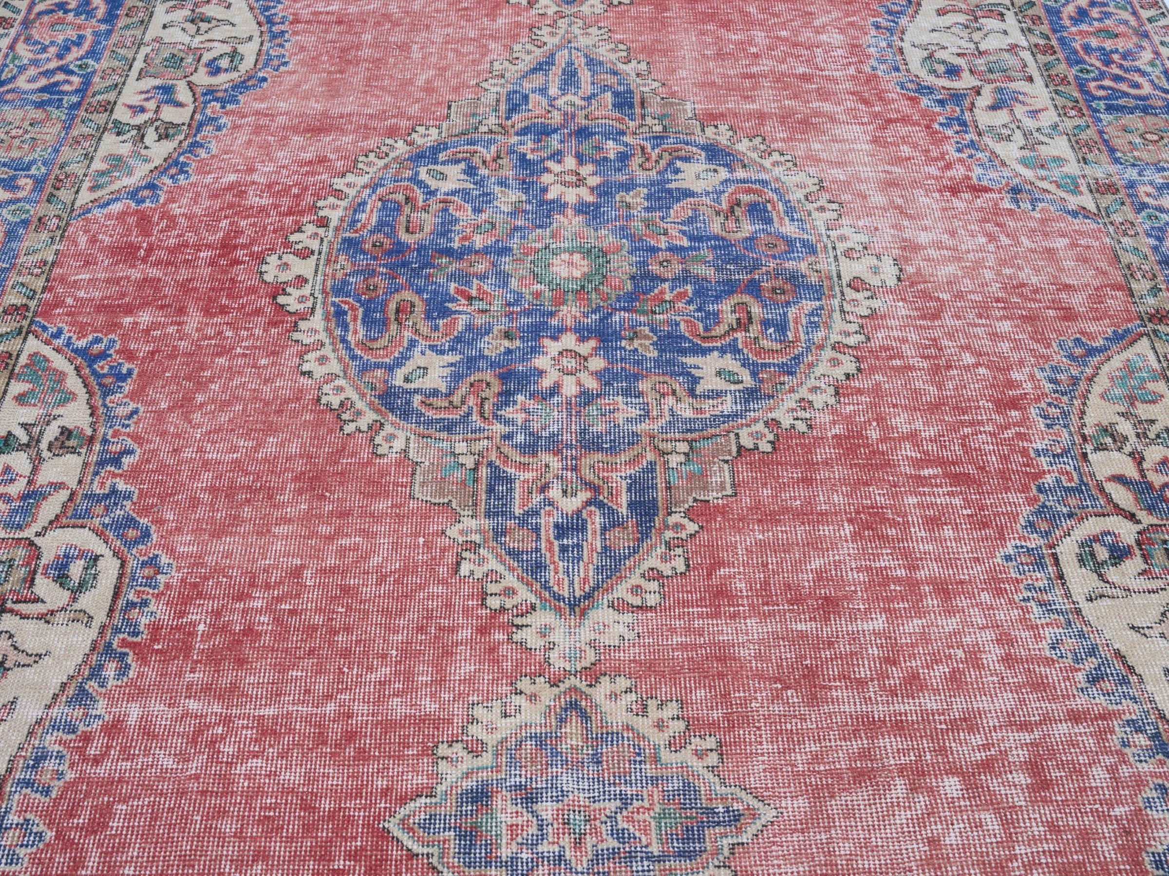 Turkish Isparta area rug in dusty rose and navy, view 4 of 10