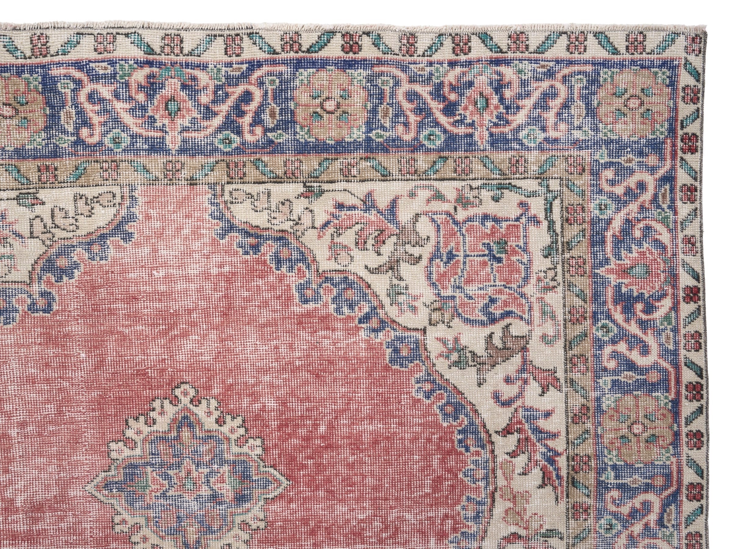 Turkish Isparta area rug in dusty rose and navy, view 8 of 10