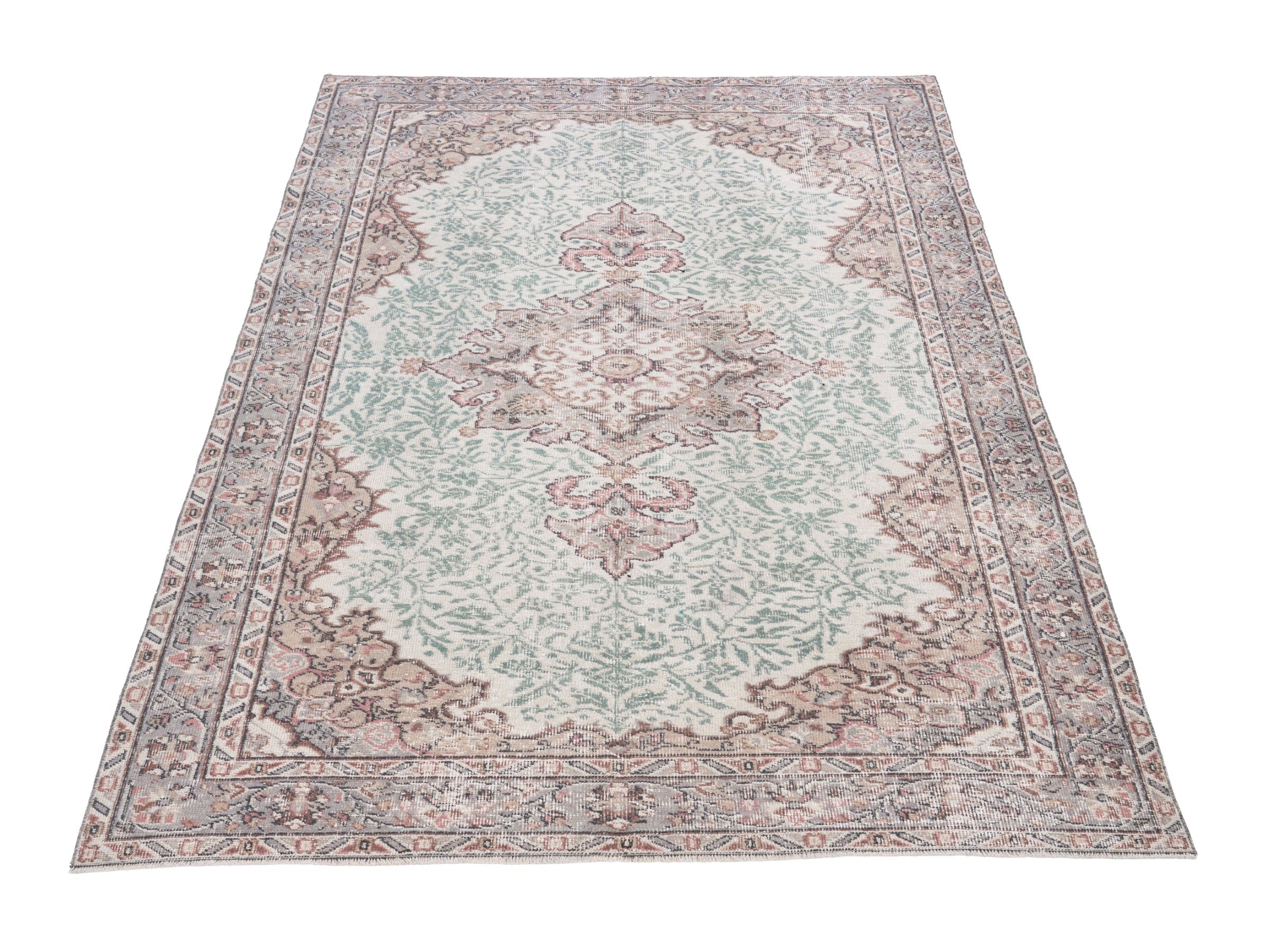 Turkish Isparta area rug in celadon and muted pink, view 2 of 10