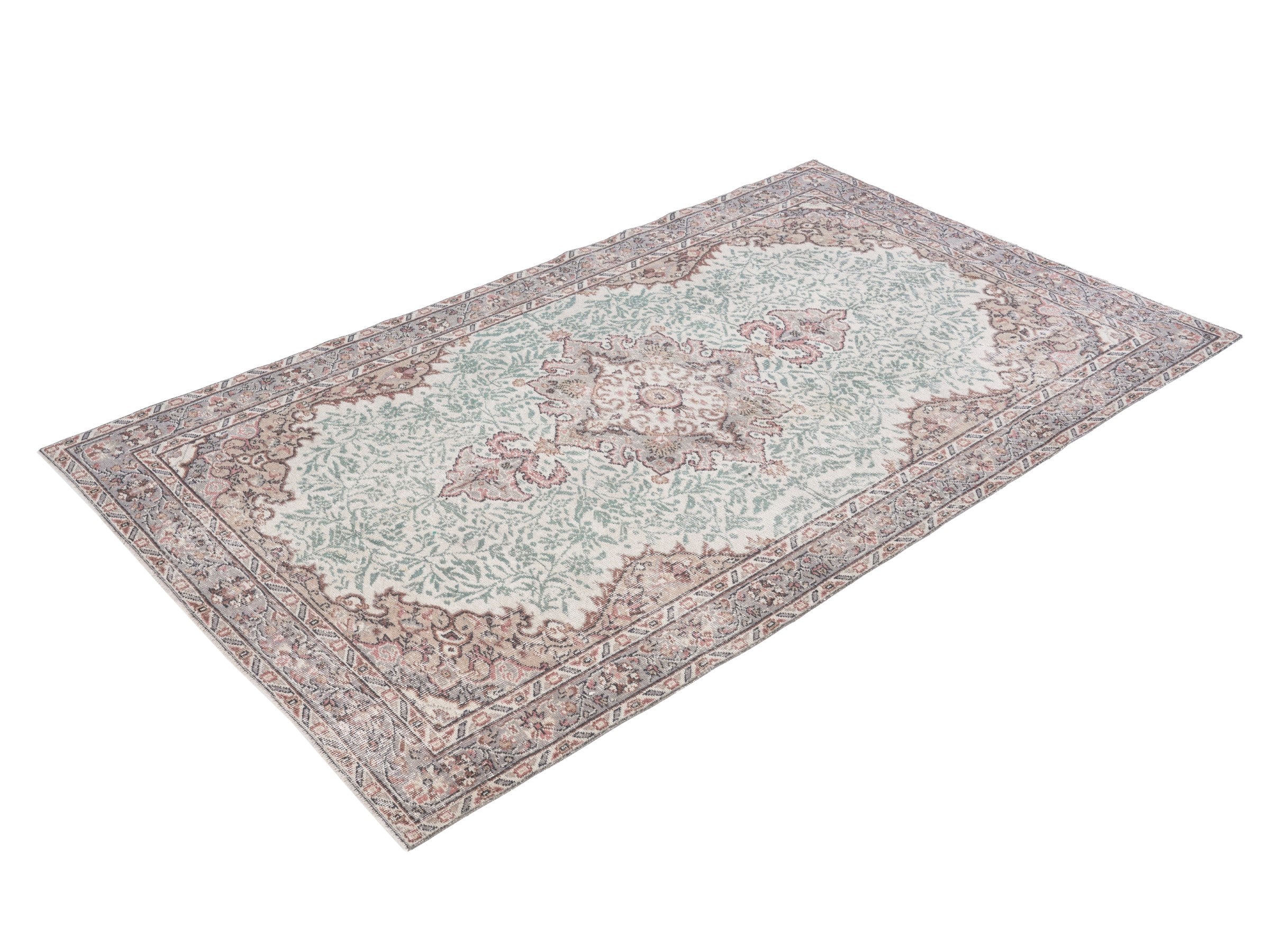 Turkish Isparta area rug in celadon and muted pink, view 3 of 10