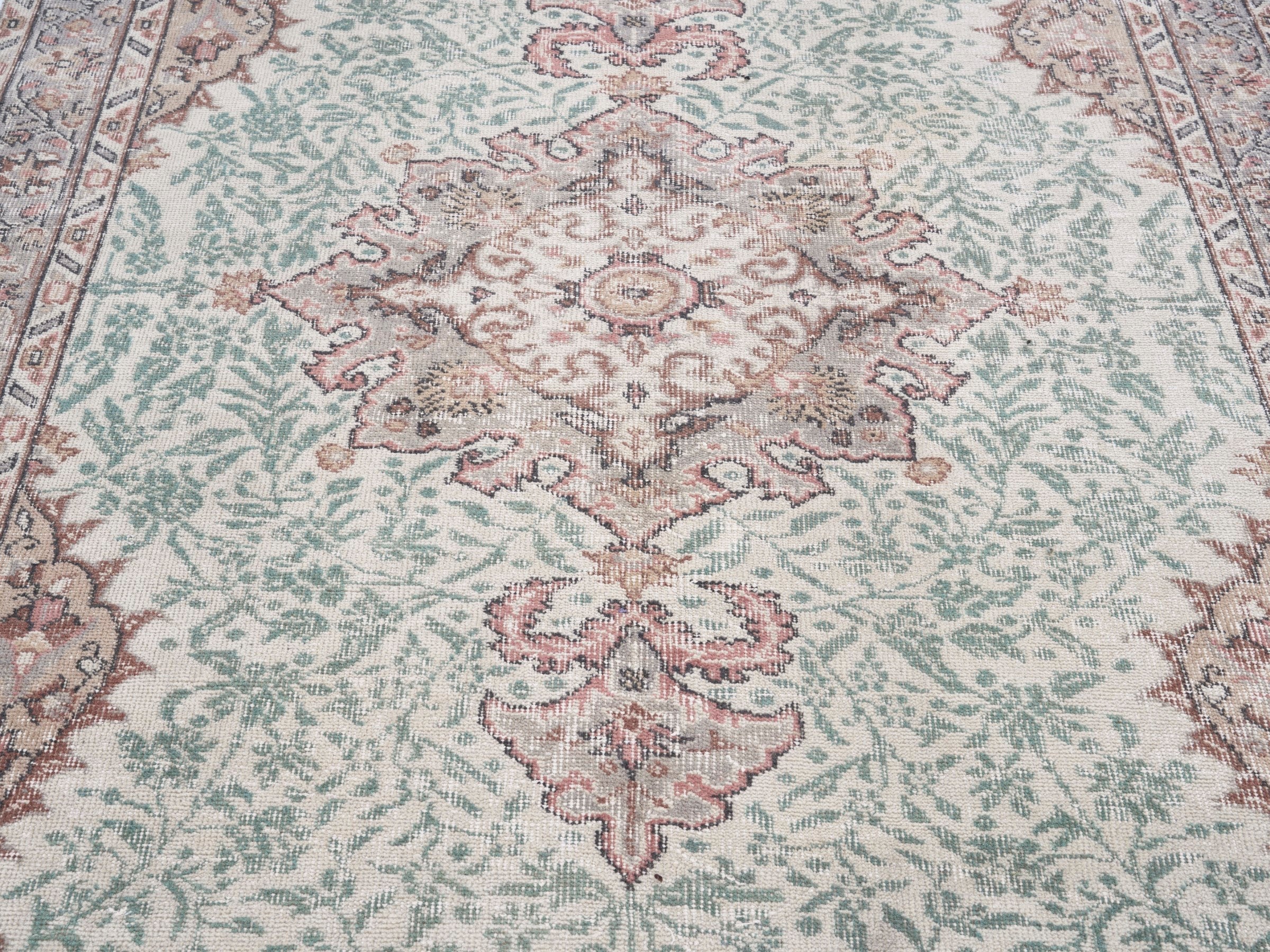 Turkish Isparta area rug in celadon and muted pink, view 4 of 10