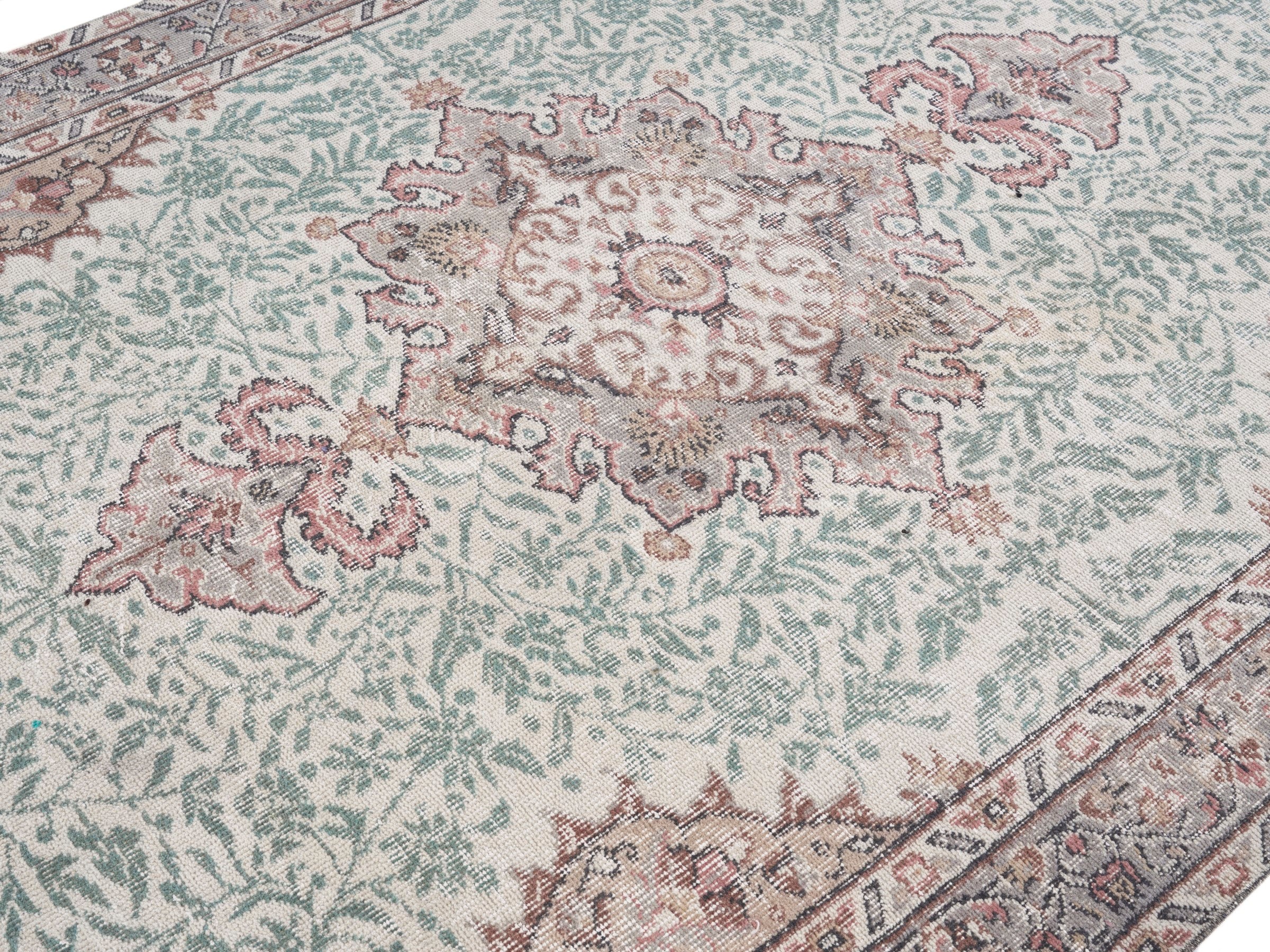 Turkish Isparta area rug in celadon and muted pink, view 5 of 10