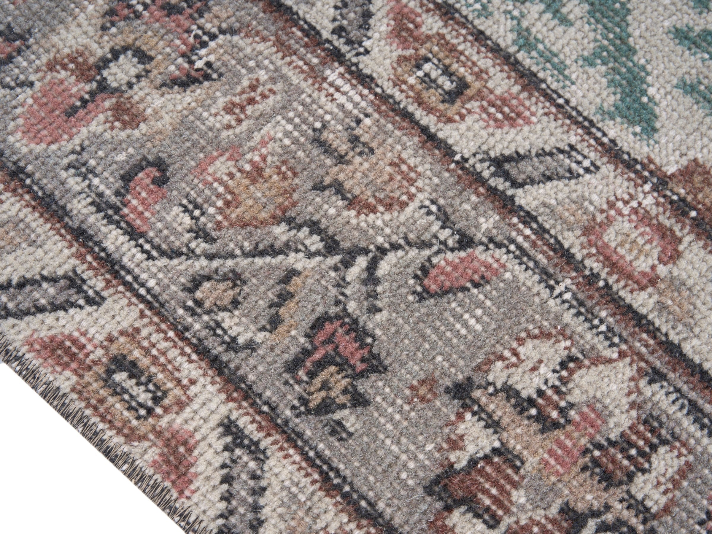 Turkish Isparta area rug in celadon and muted pink, view 6 of 10