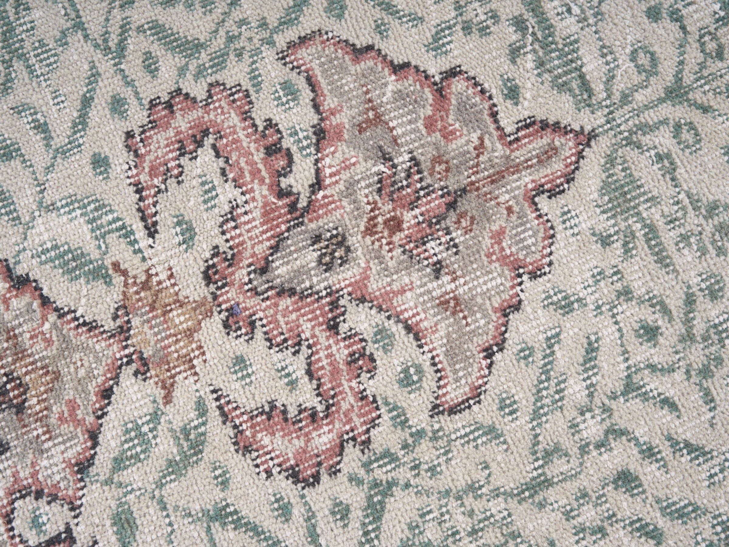 Turkish Isparta area rug in celadon and muted pink, view 7 of 10