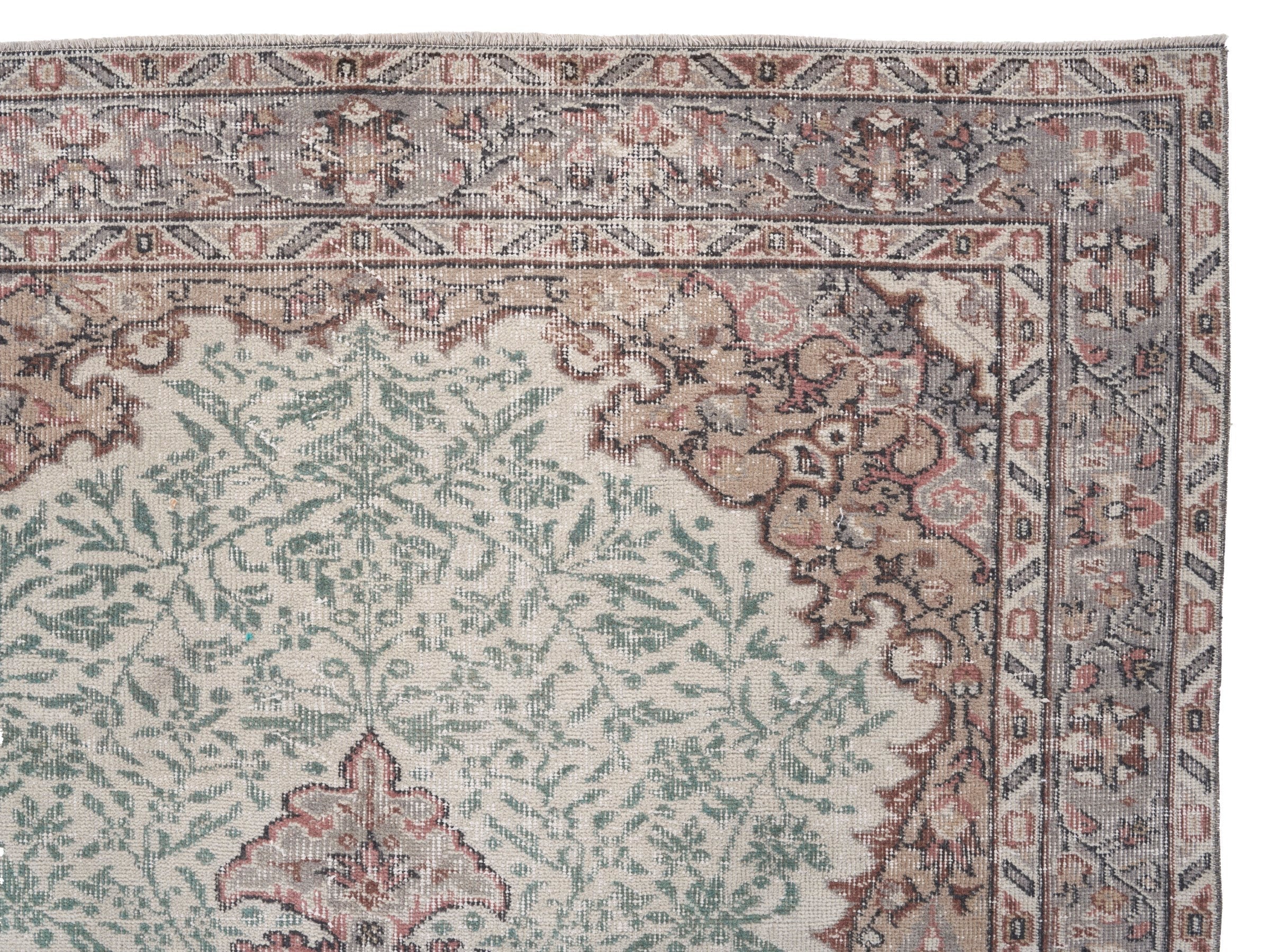 Turkish Isparta area rug in celadon and muted pink, view 8 of 10
