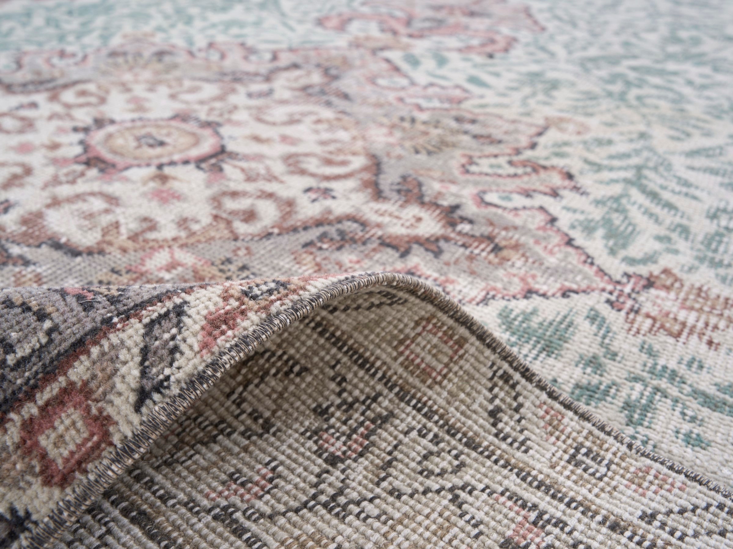 Turkish Isparta area rug in celadon and muted pink, view 9 of 10