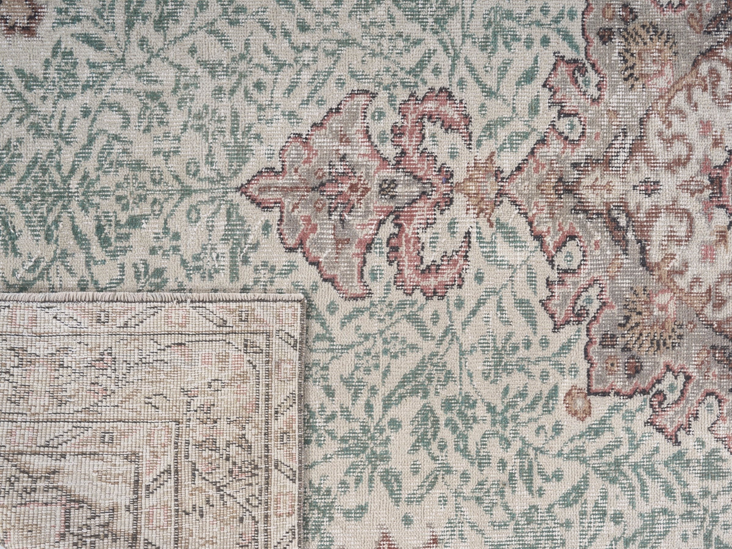 Turkish Isparta area rug in celadon and muted pink, view 10 of 10