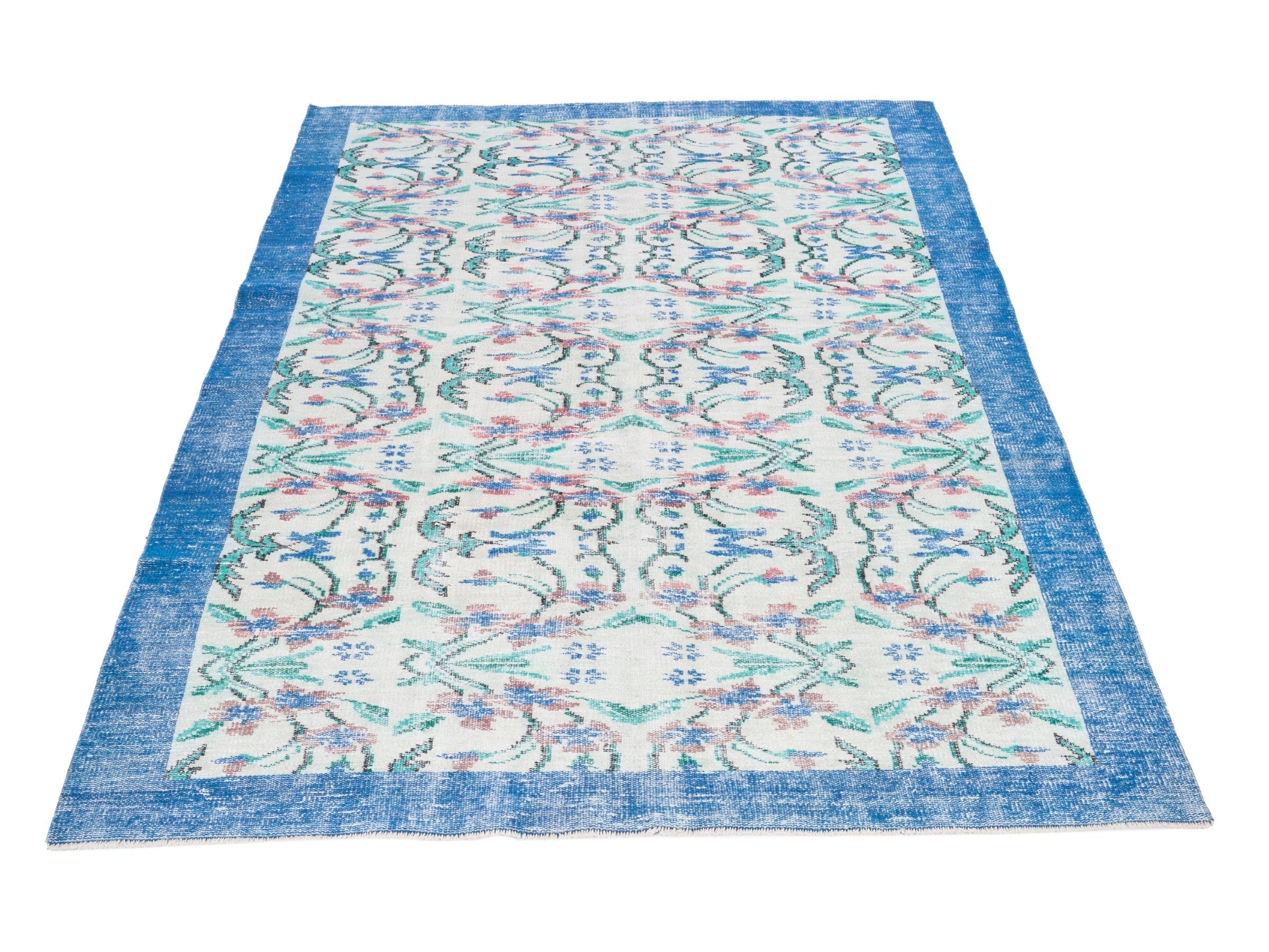 Turkish Manisa area rug in cream and denim, view 2 of 10