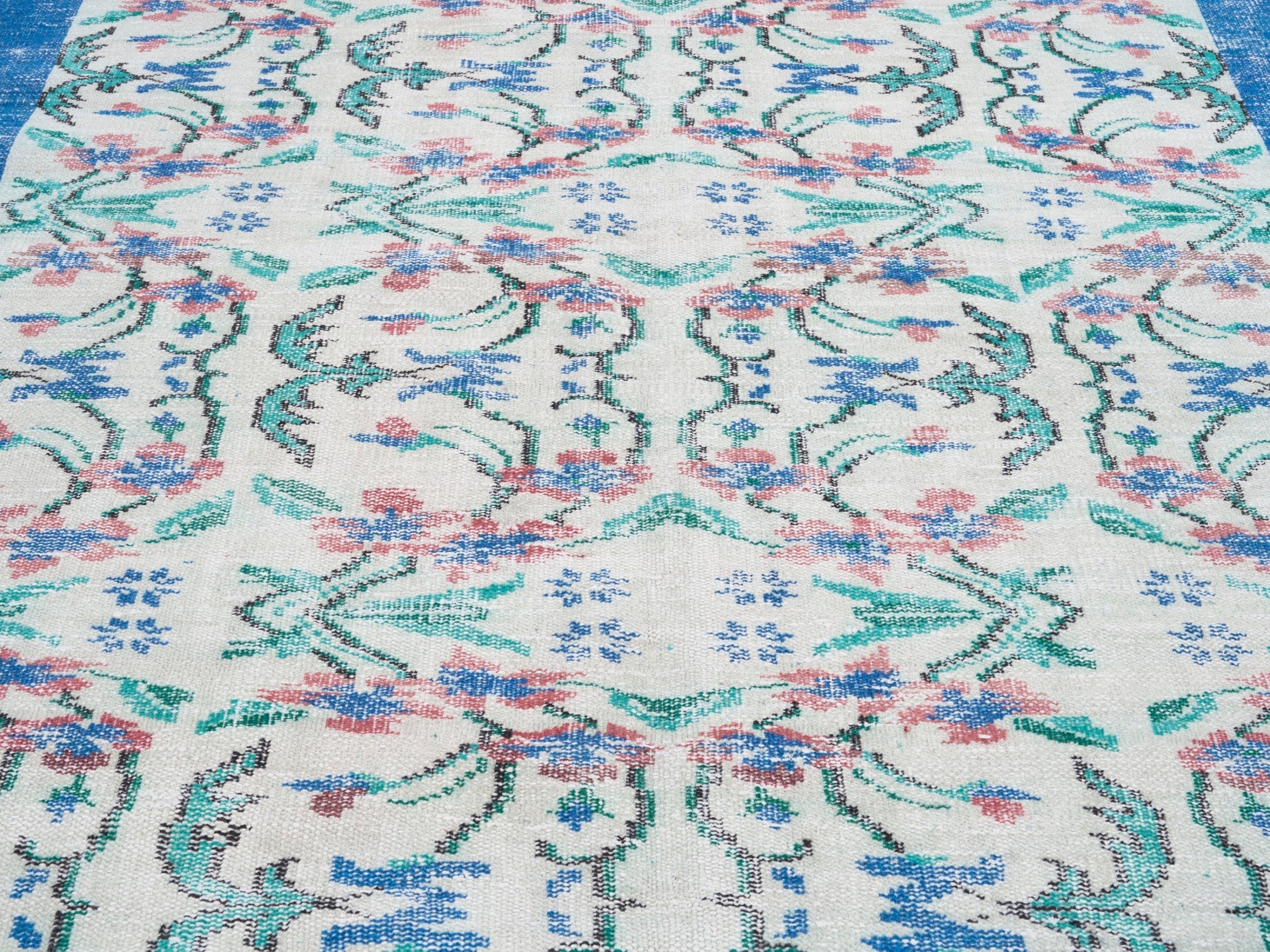 Turkish Manisa area rug in cream and denim, view 4 of 10