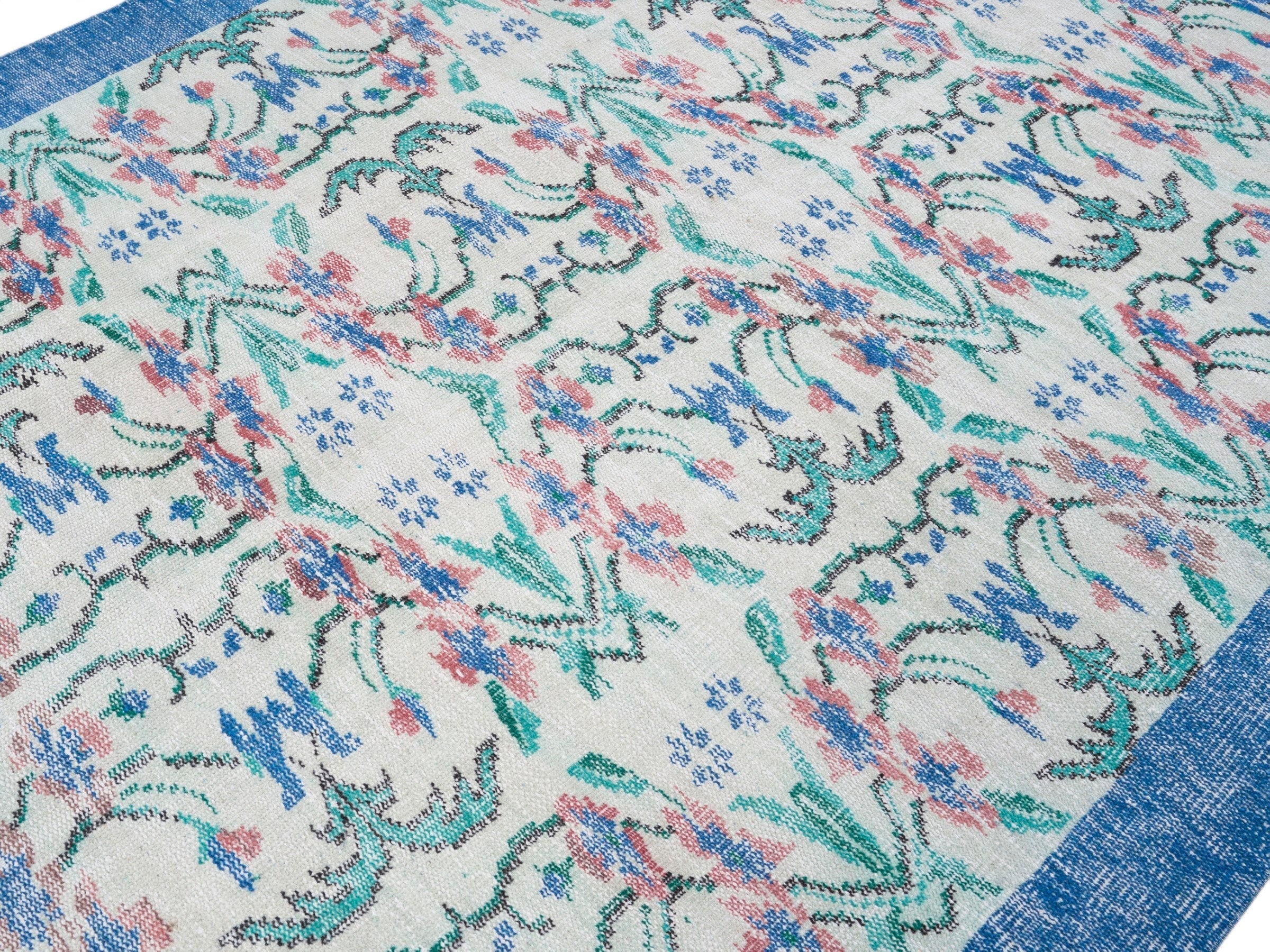 Turkish Manisa area rug in cream and denim, view 5 of 10