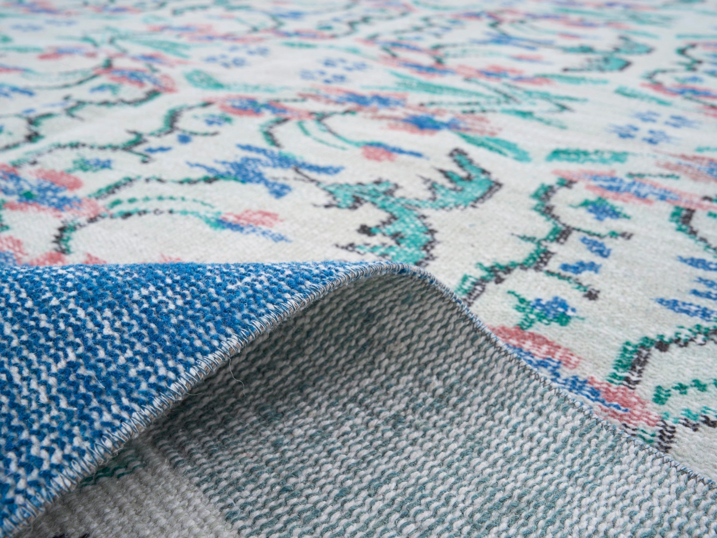 Turkish Manisa area rug in cream and denim, view 9 of 10
