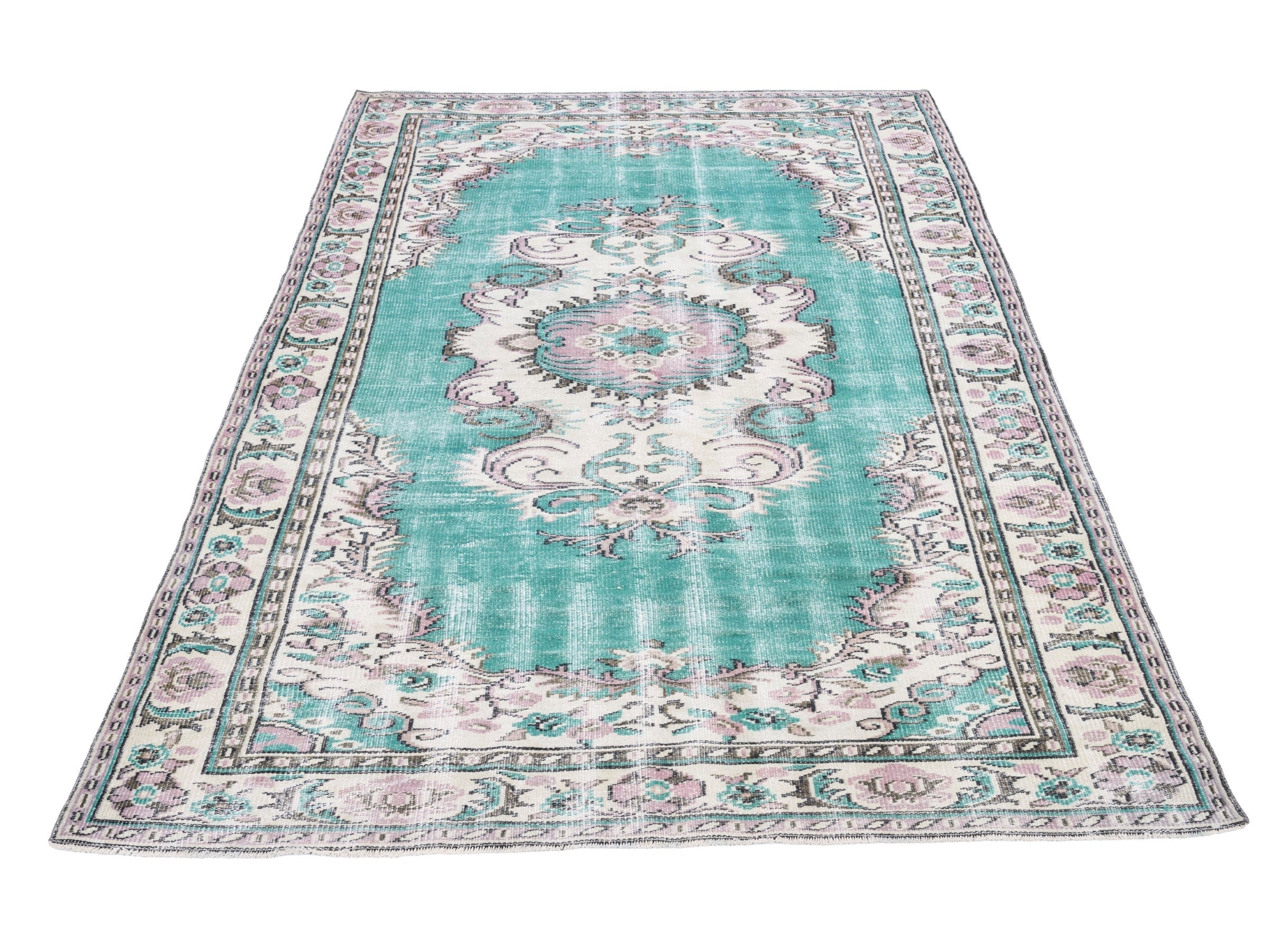Turkish Manisa area rug in turquoise and cream, view 2 of 10